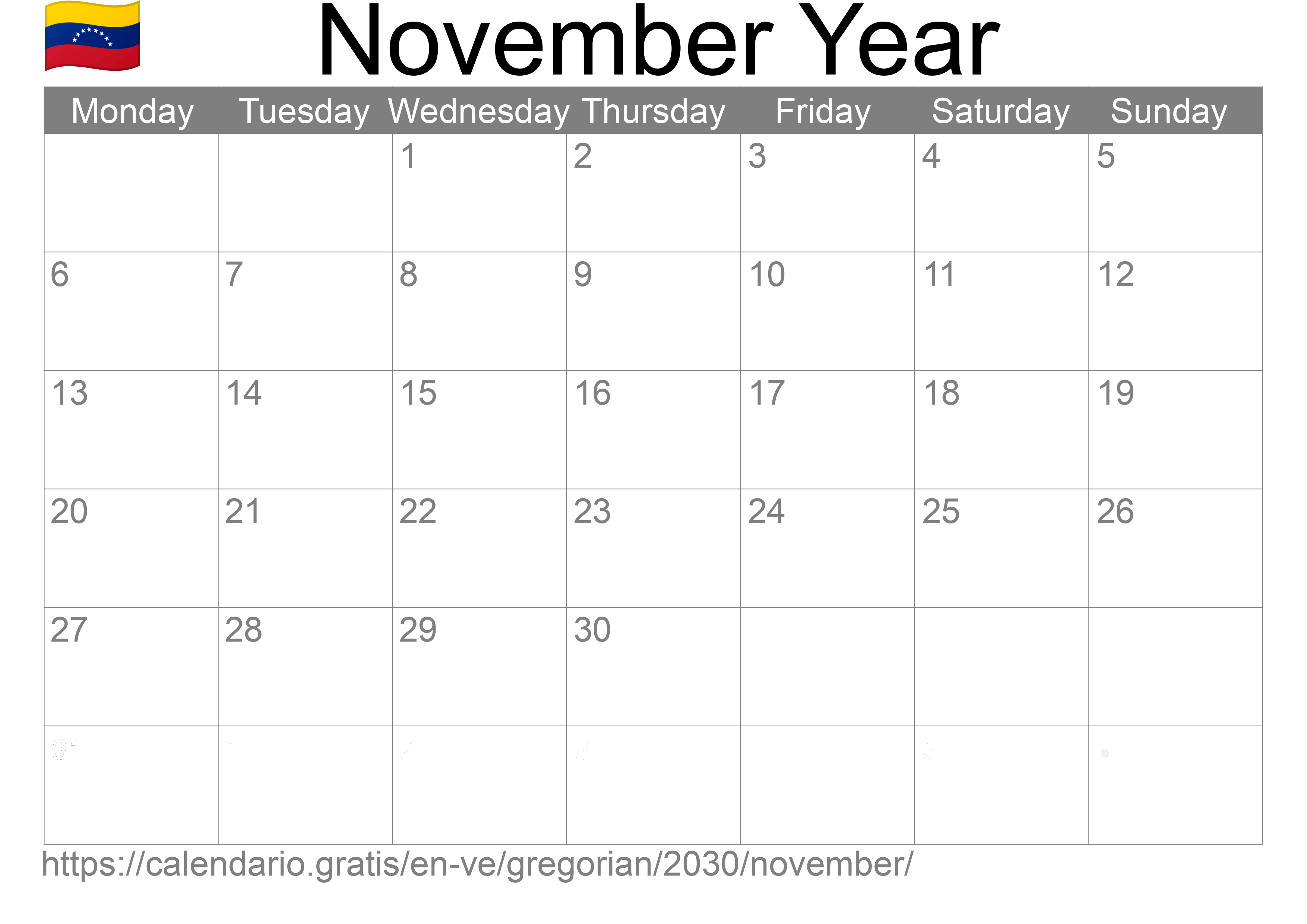 Calendar November 2030 to print