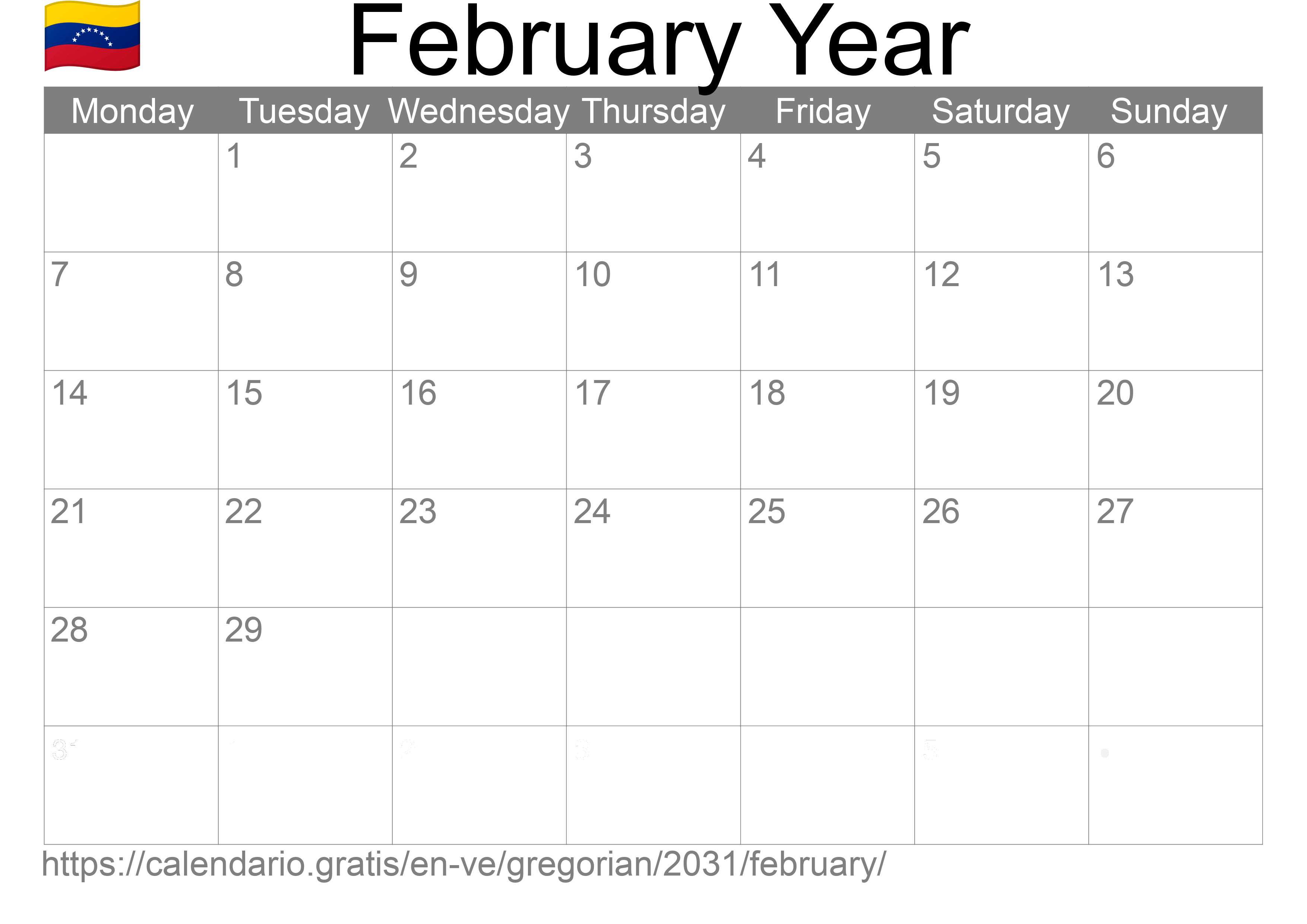 Calendar February 2031 to print