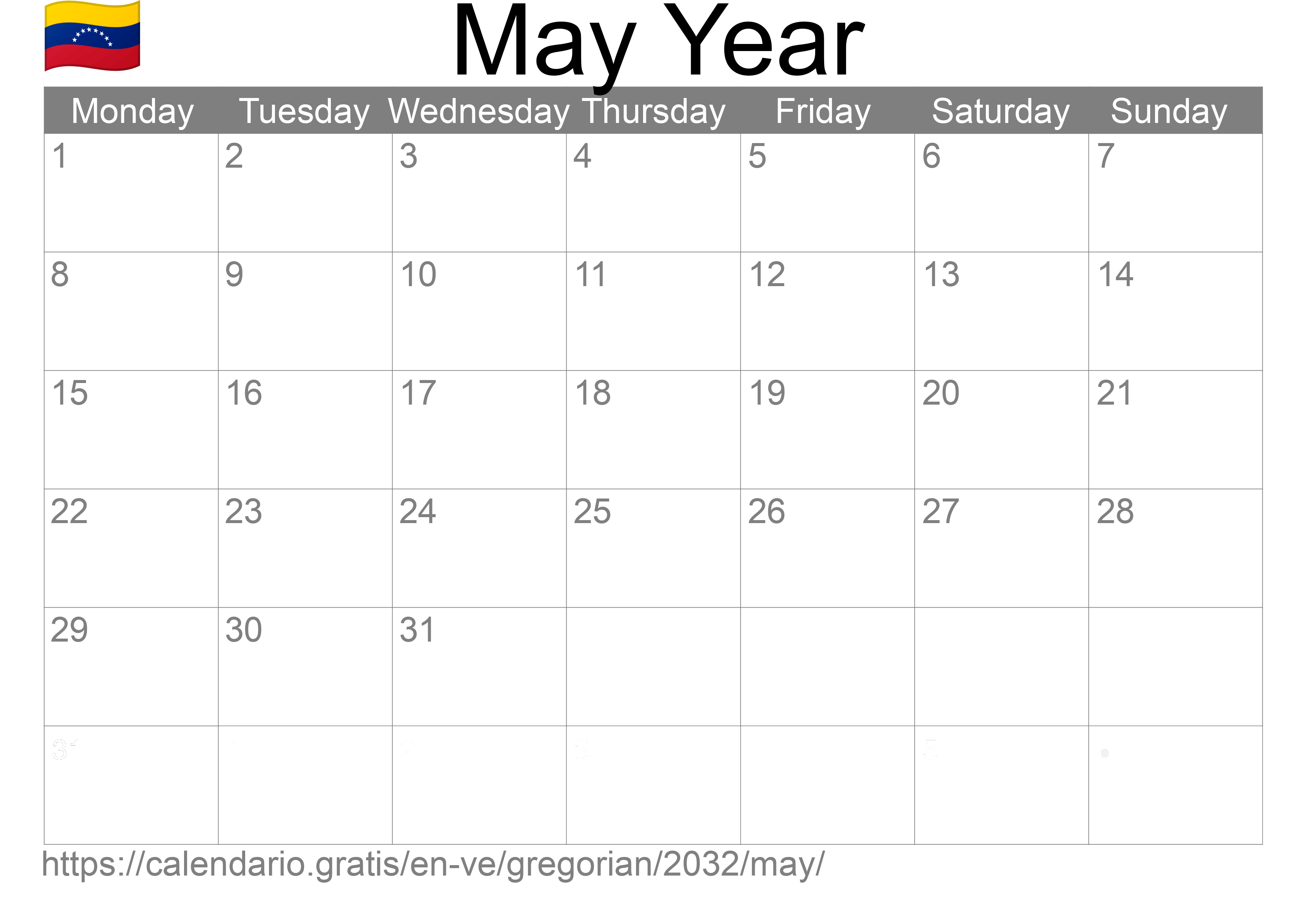 Calendar May 2032 to print