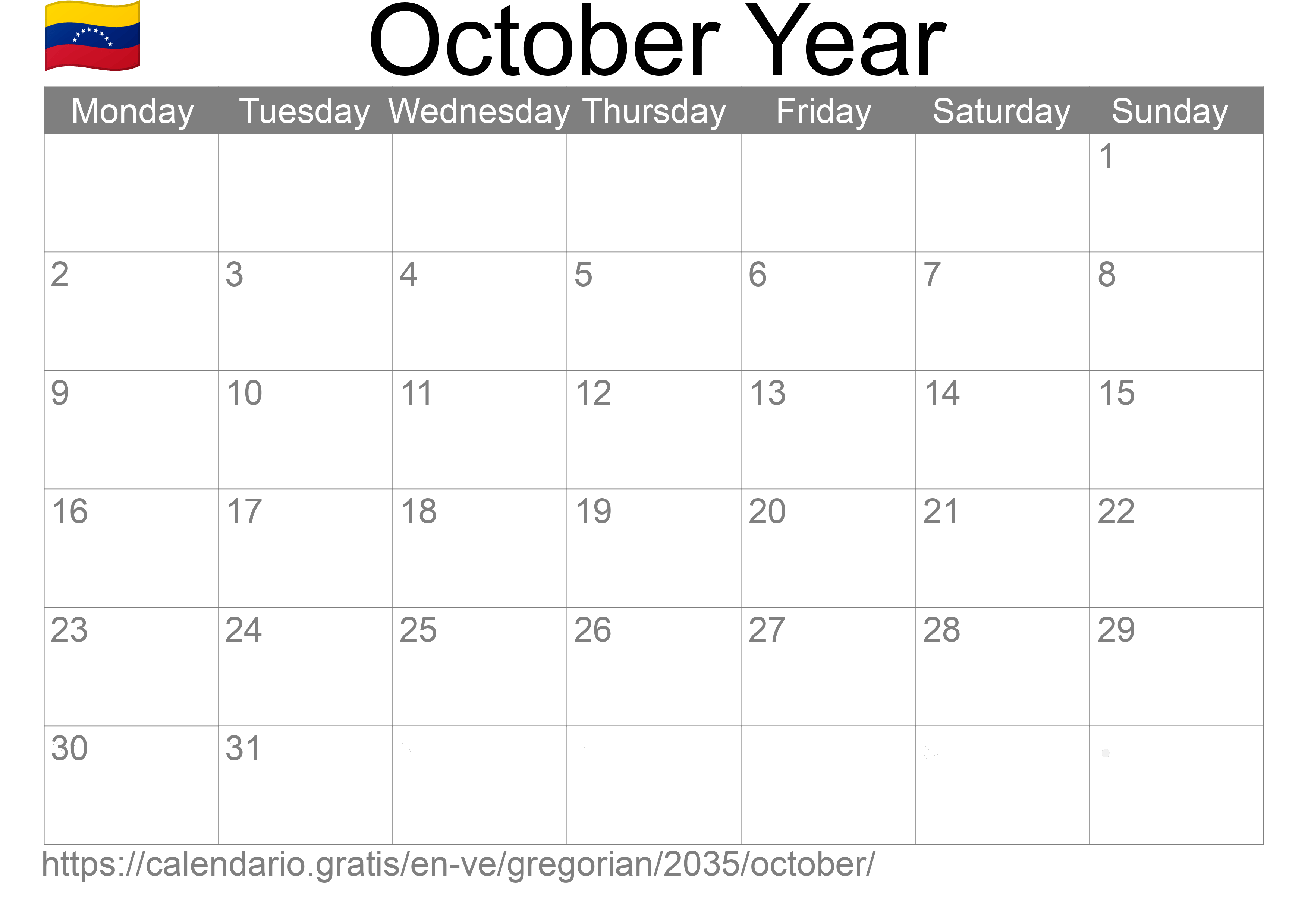 Calendar October 2035 to print