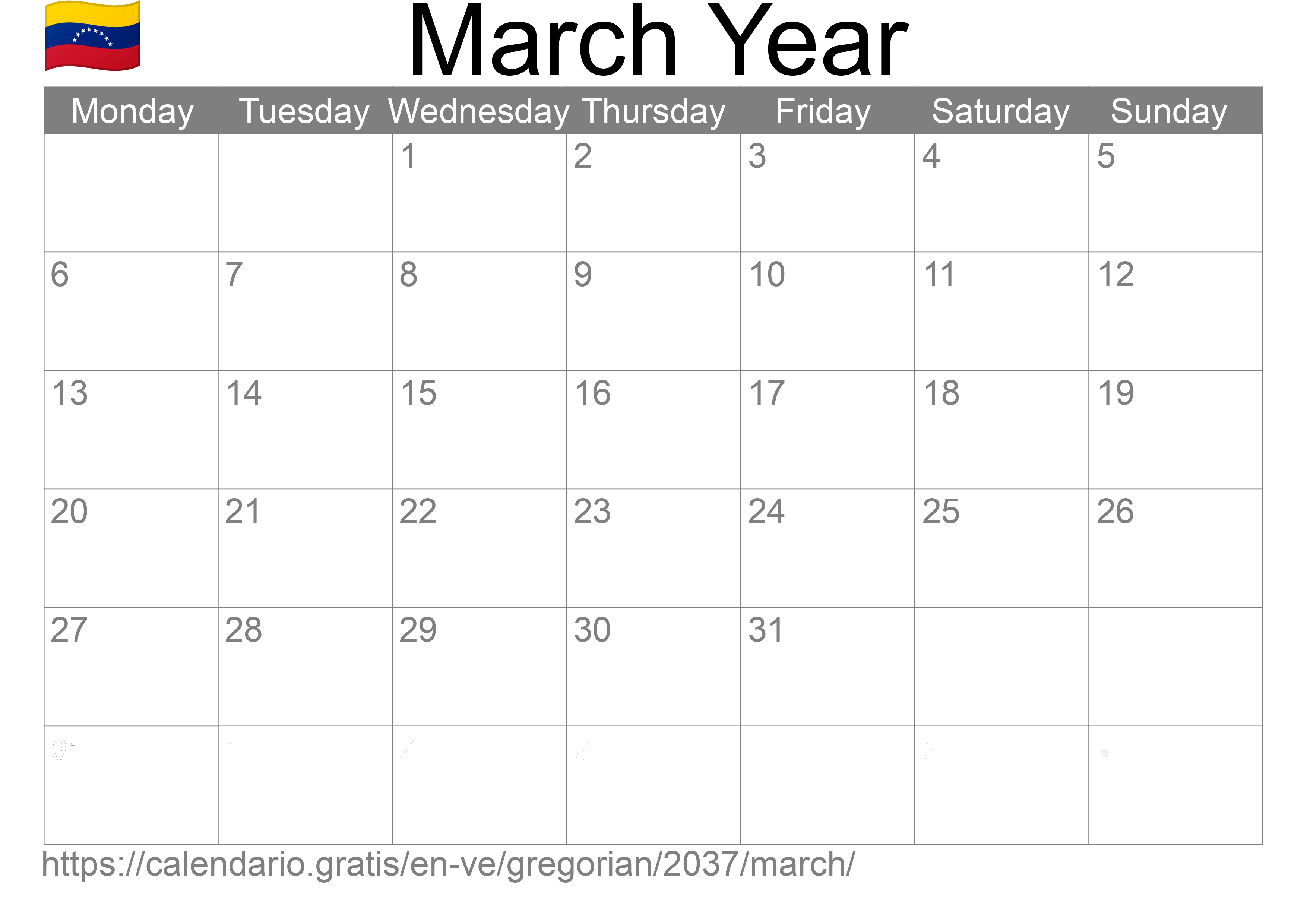 Calendar March 2037 to print