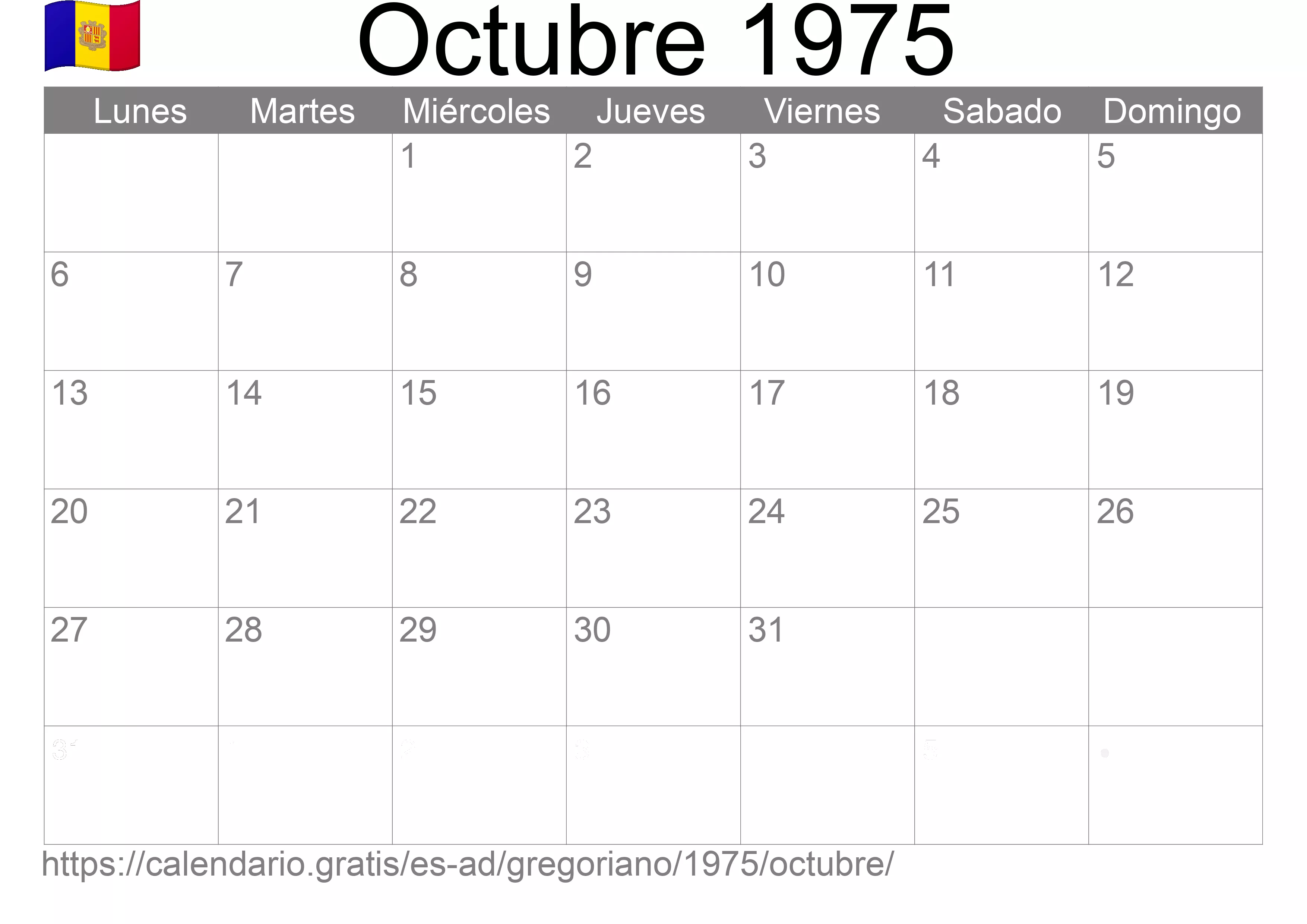 Calendario Octubre 1975 para imprimir (Andorra)