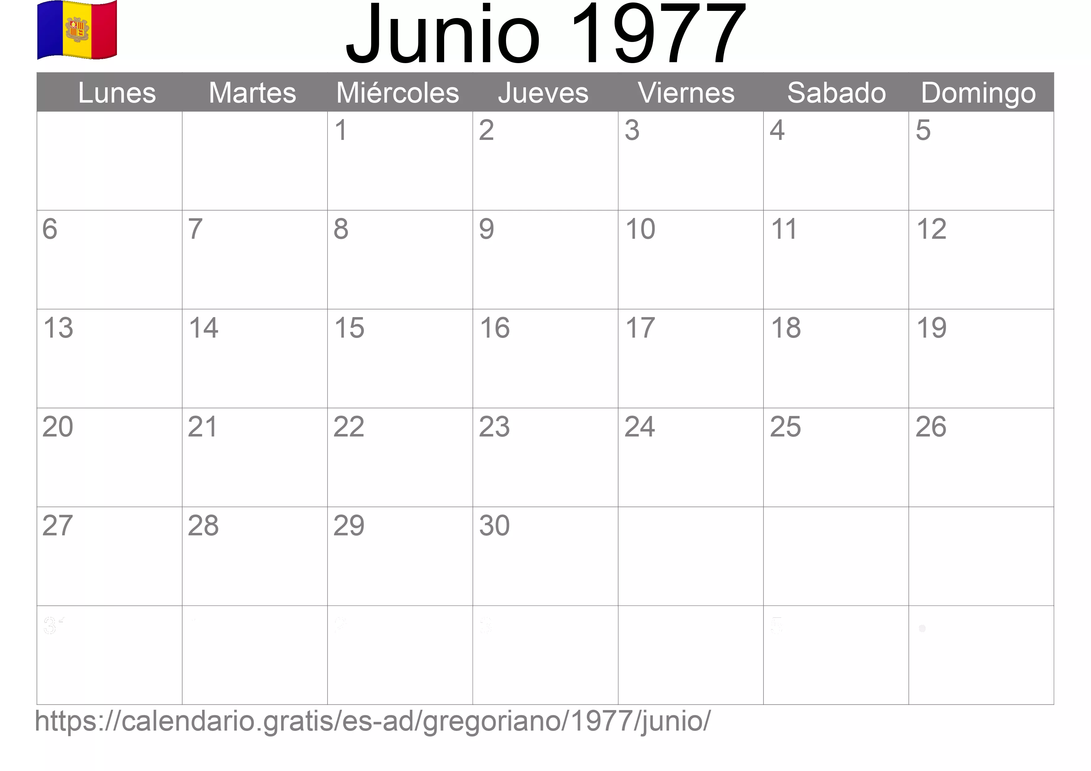 Calendario Junio 1977 para imprimir (Andorra)