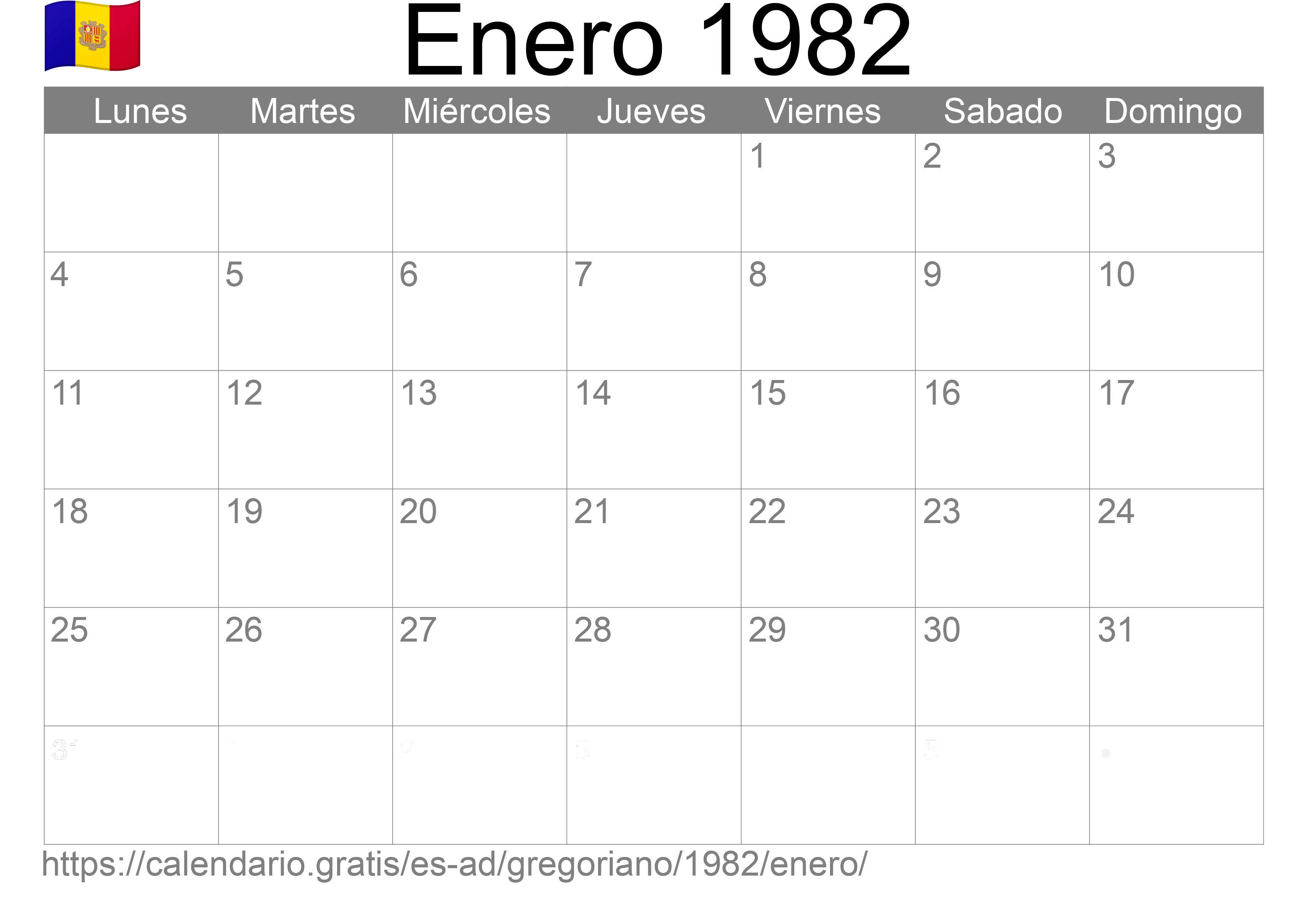 Calendario Enero 1982 para imprimir