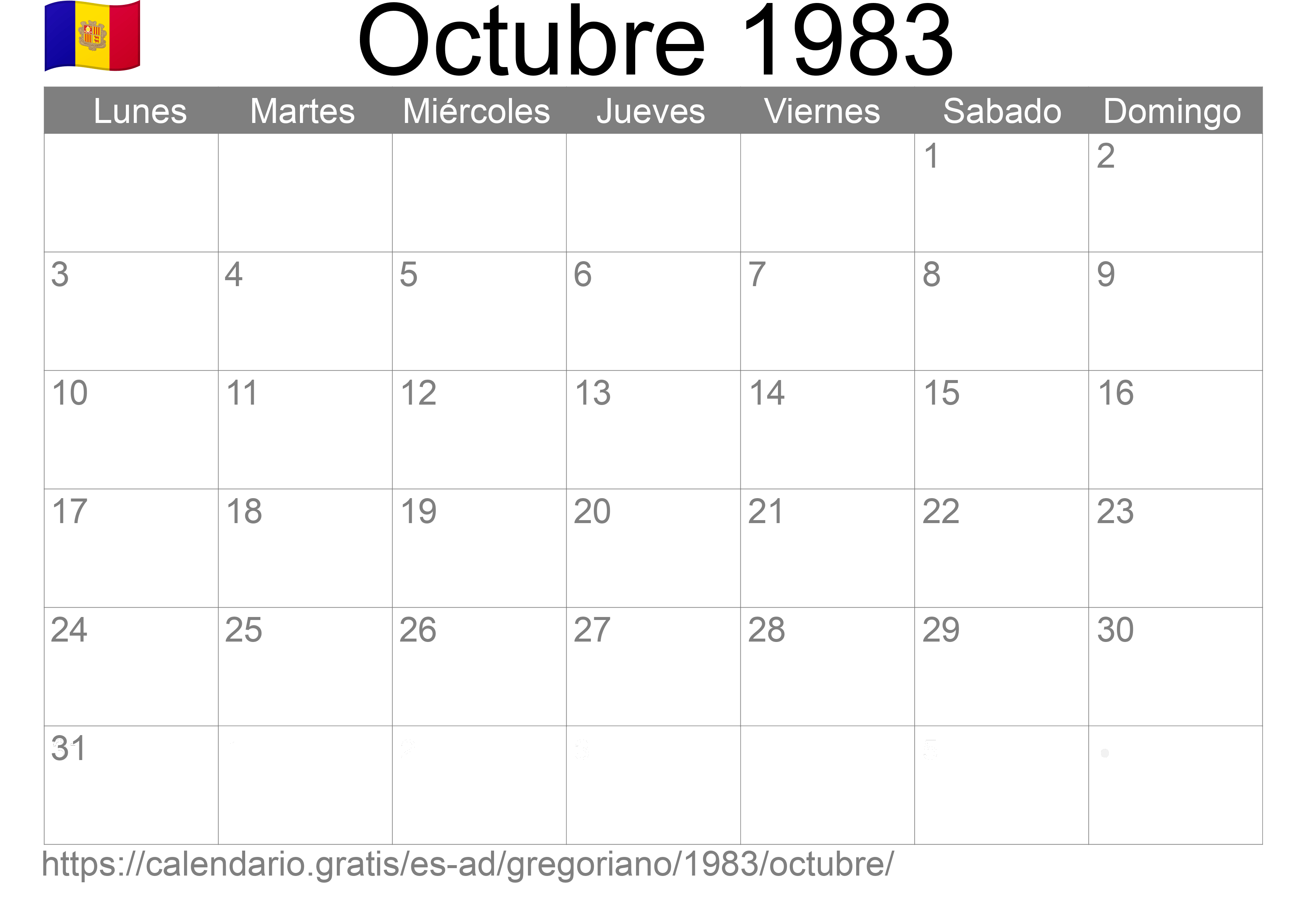 Calendario Octubre 1983 para imprimir