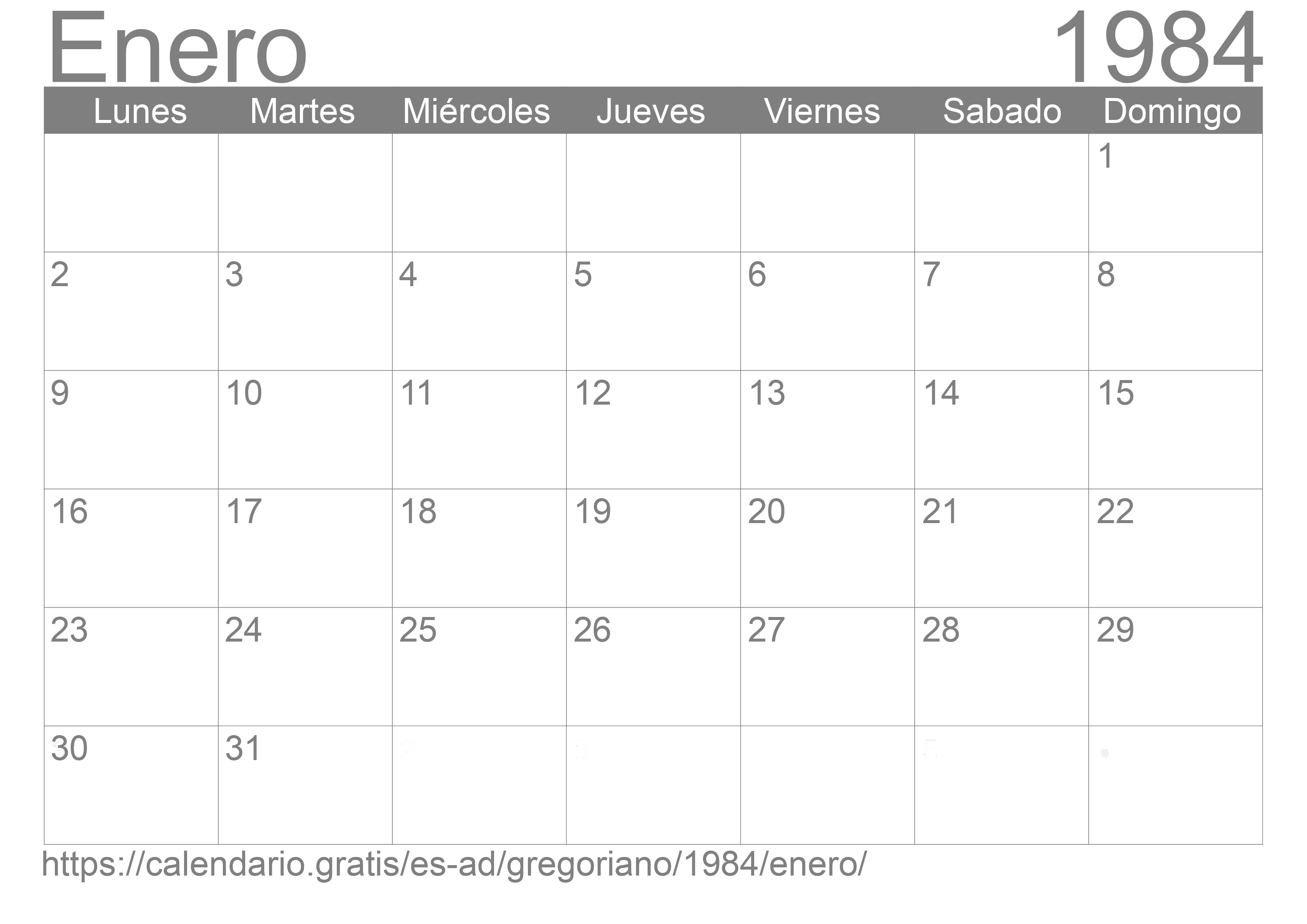 Calendario Enero 1984 para imprimir