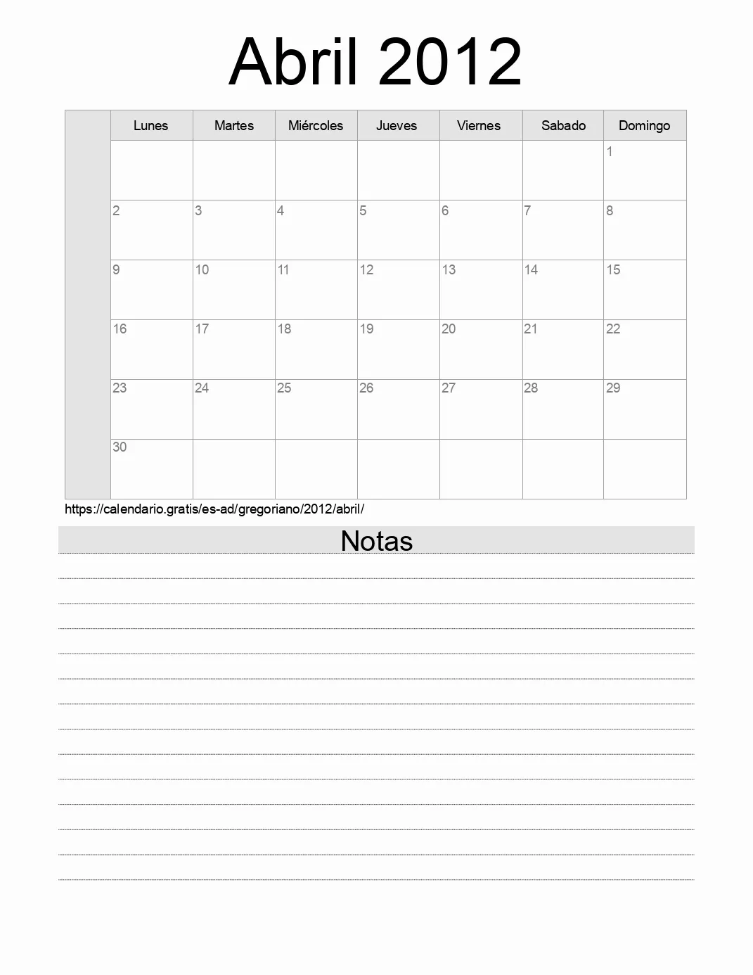 Calendario Abril 2012 para imprimir con notas. (Andorra)