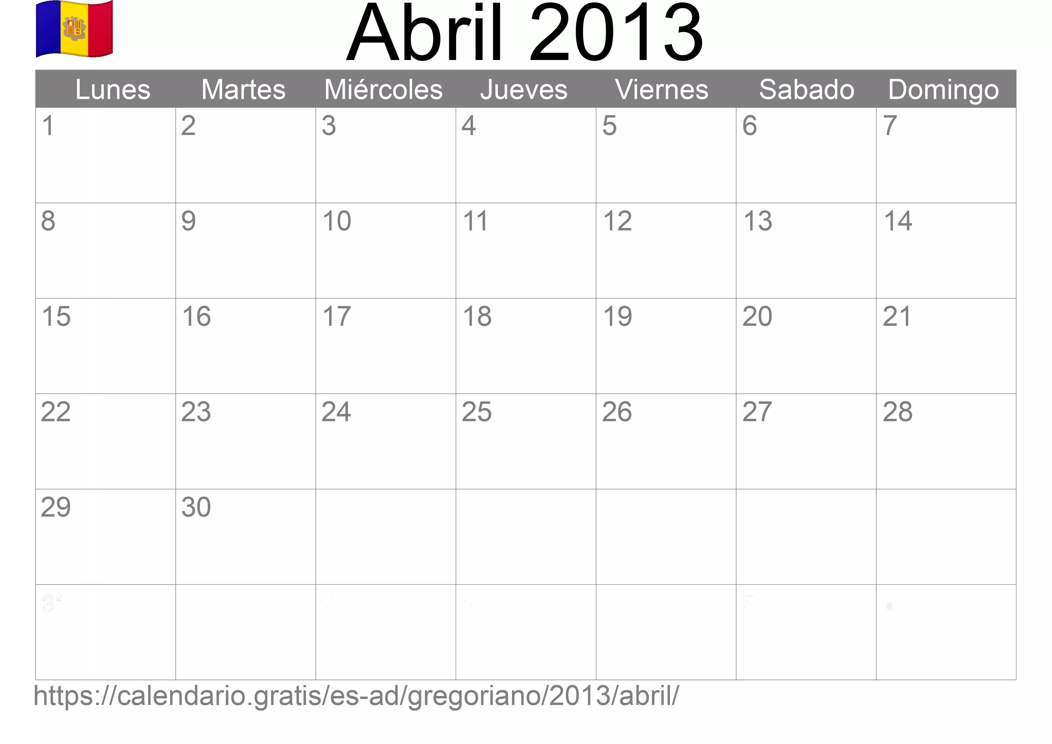 Calendario Abril 2013 para imprimir (Andorra)