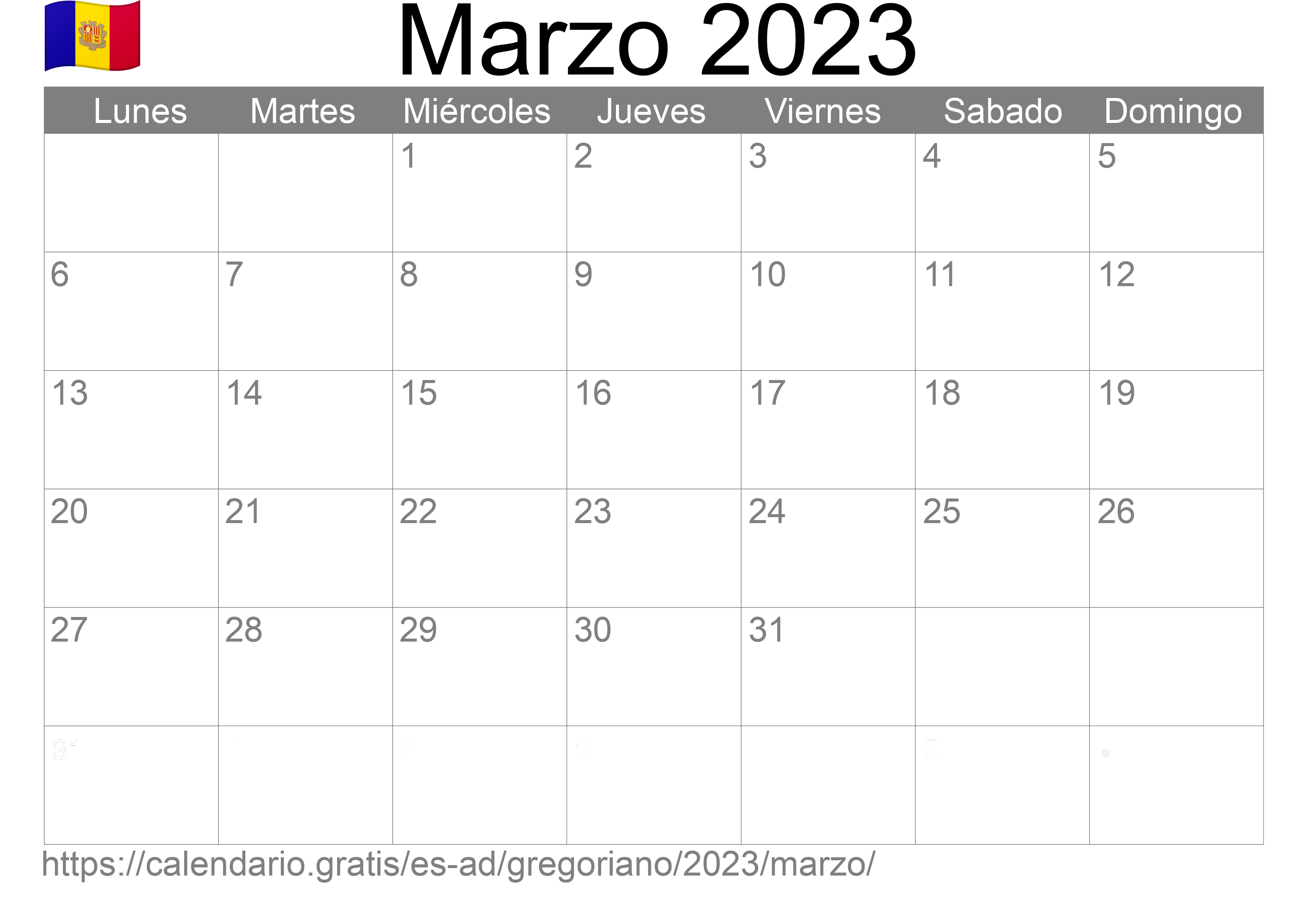 Calendario Marzo 2023 para imprimir