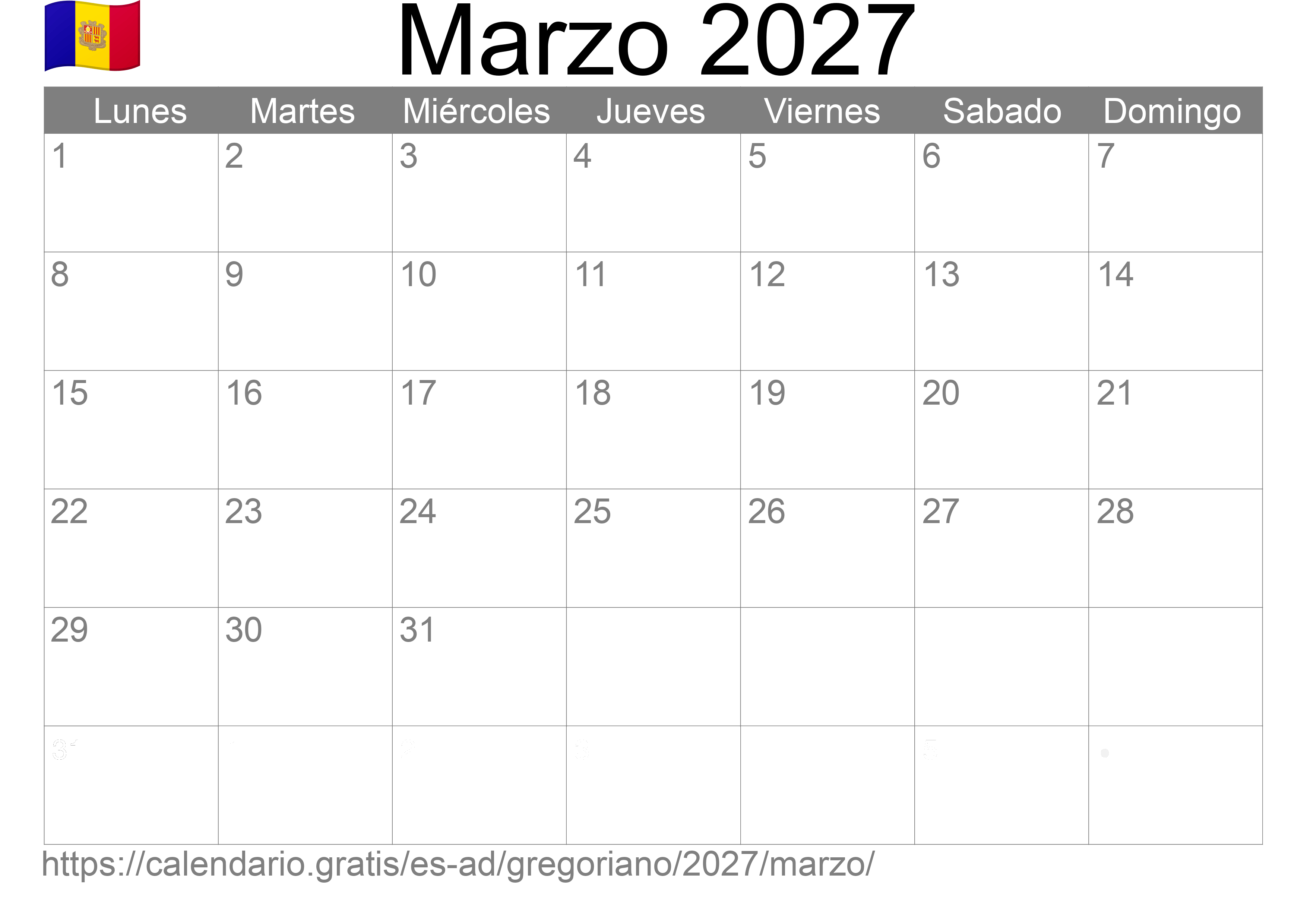 Calendario Marzo 2027 para imprimir