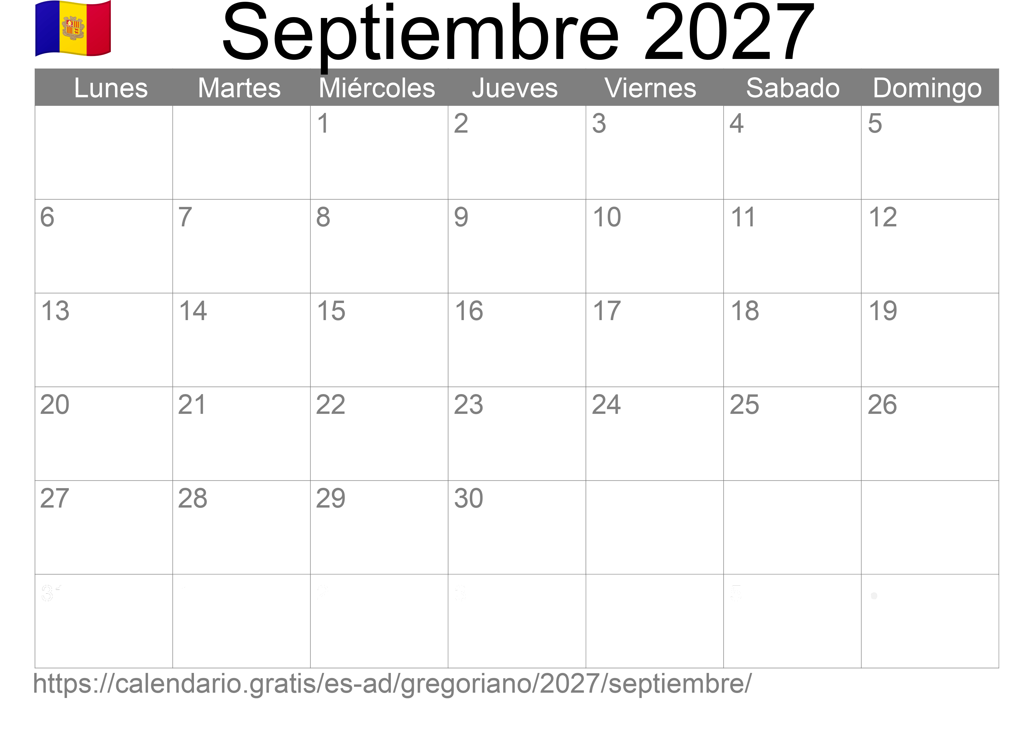 Calendario Septiembre 2027 para imprimir