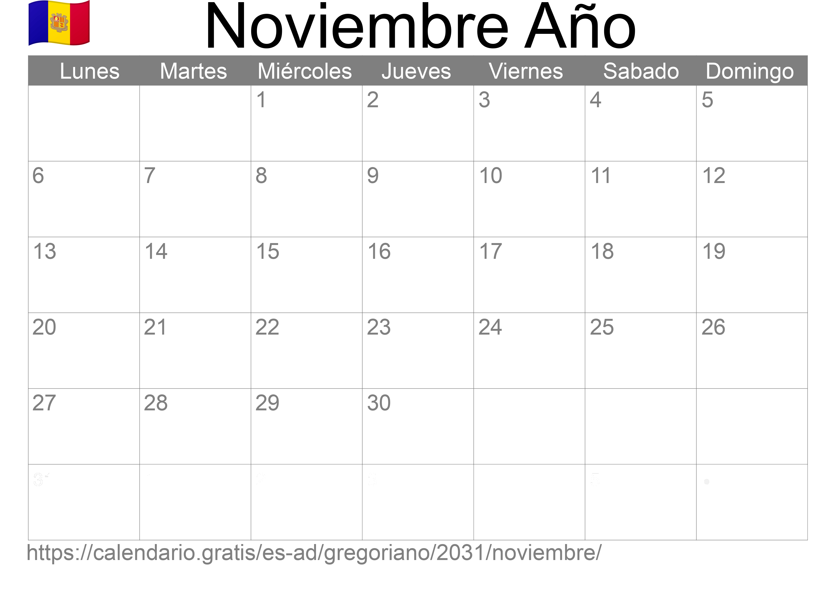 Calendario Noviembre 2031 para imprimir