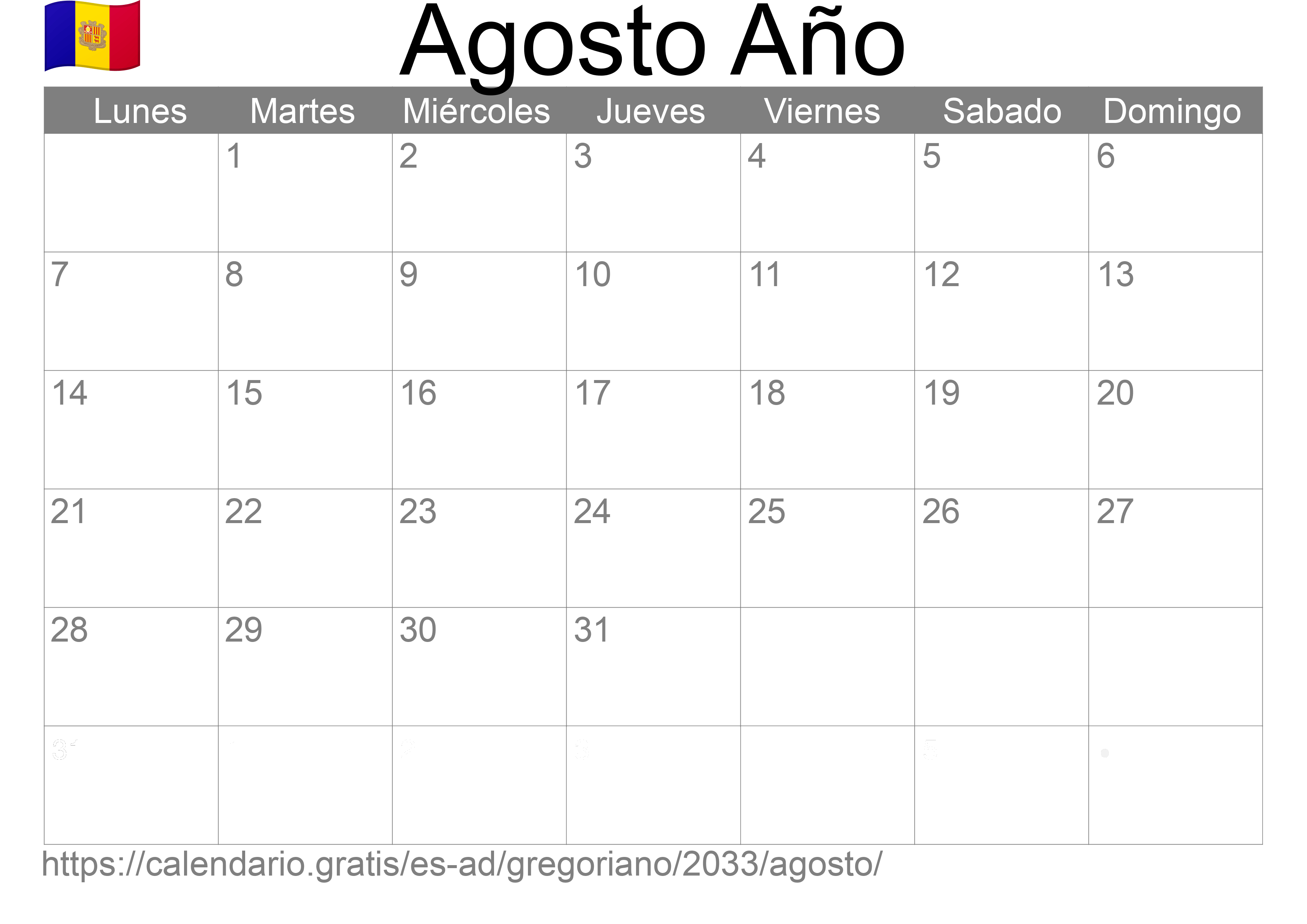 Calendario Agosto 2033 para imprimir