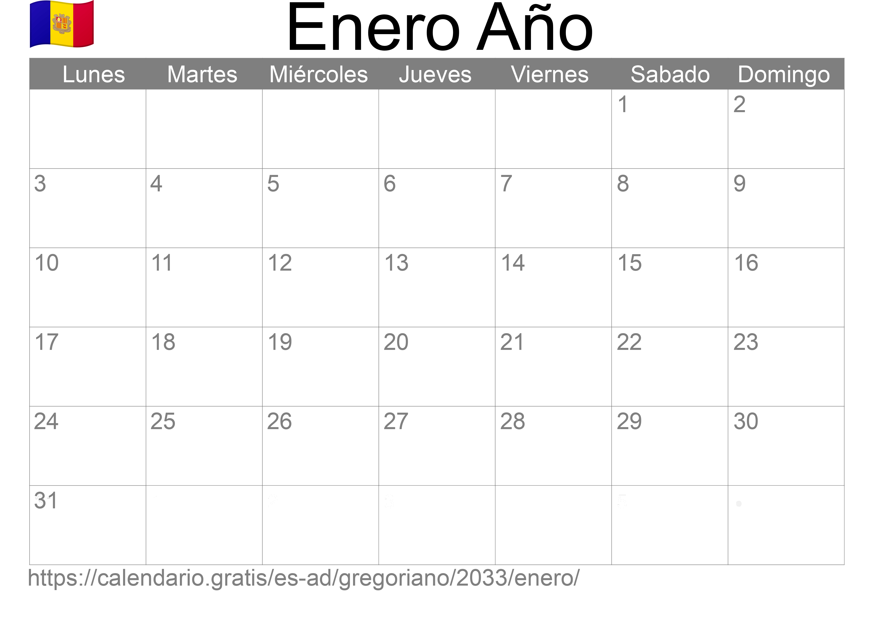 Calendario Enero 2033 para imprimir