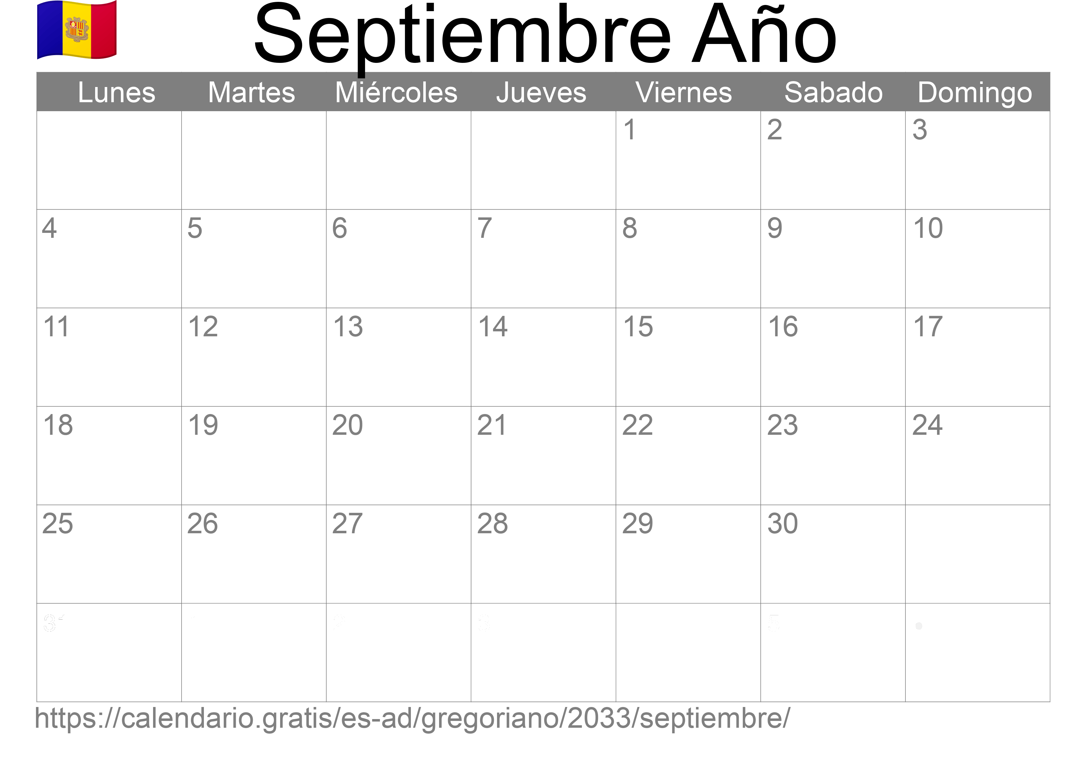 Calendario Septiembre 2033 para imprimir