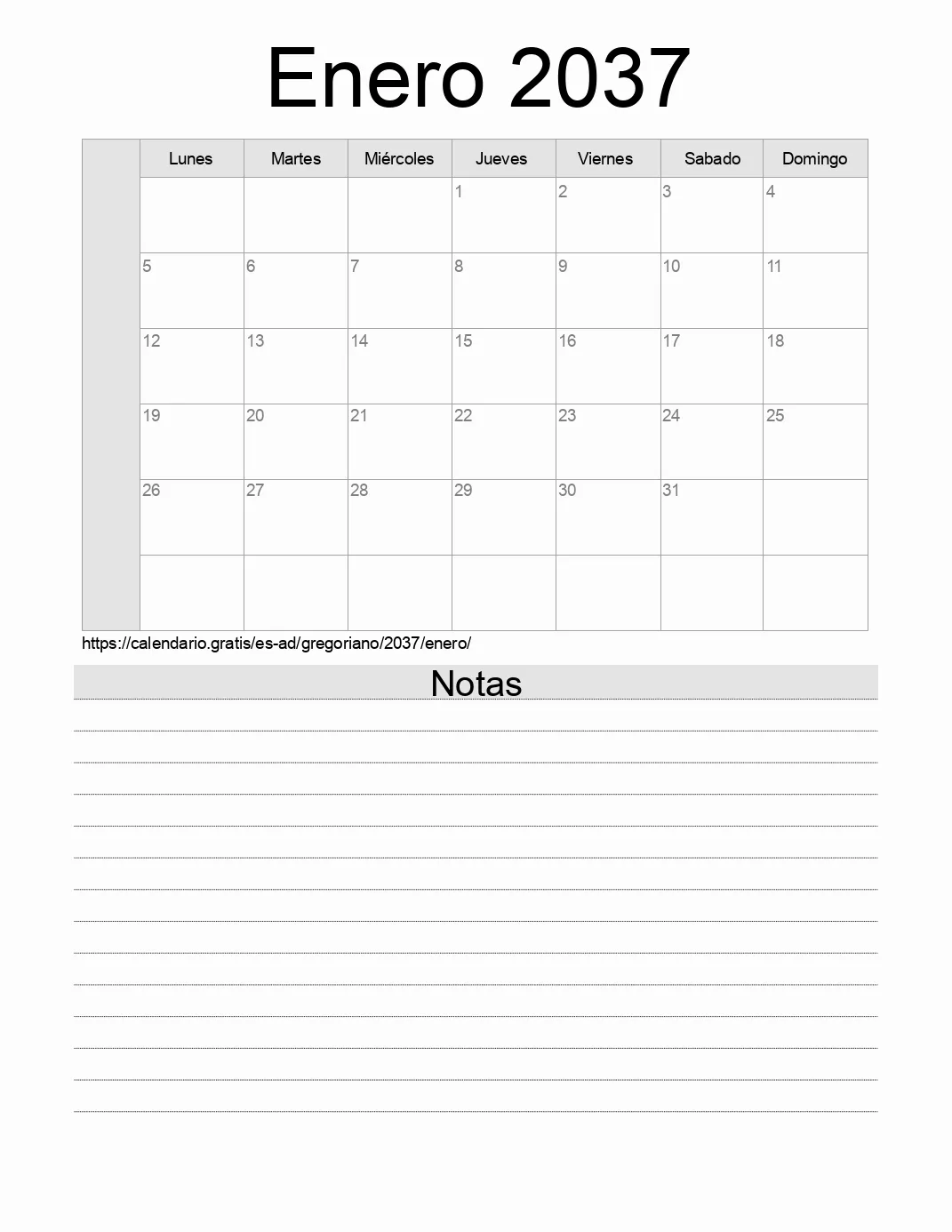 Calendario Enero 2037 para imprimir con notas. (Andorra)