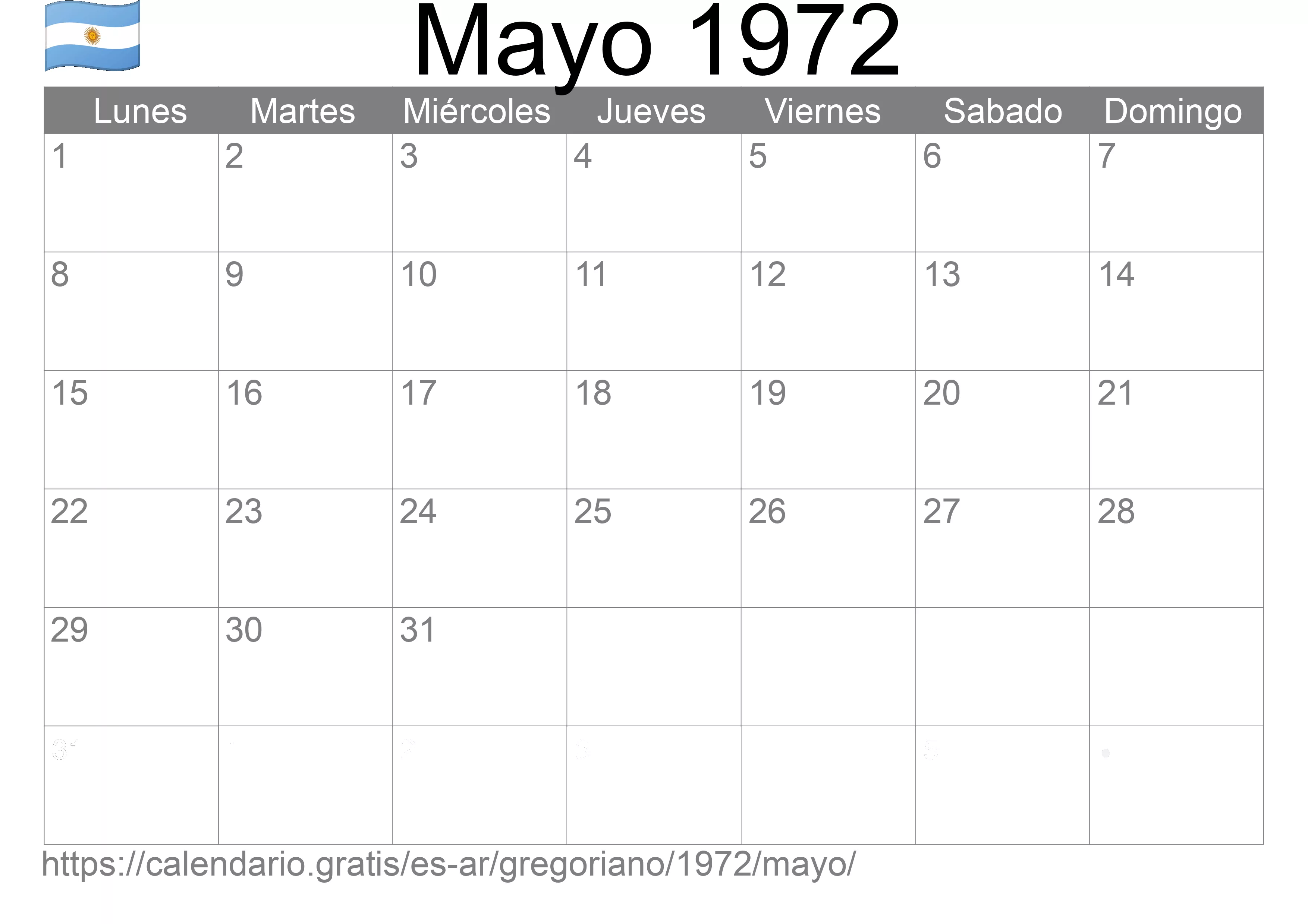 Calendario Mayo 1972 para imprimir (Argentina)