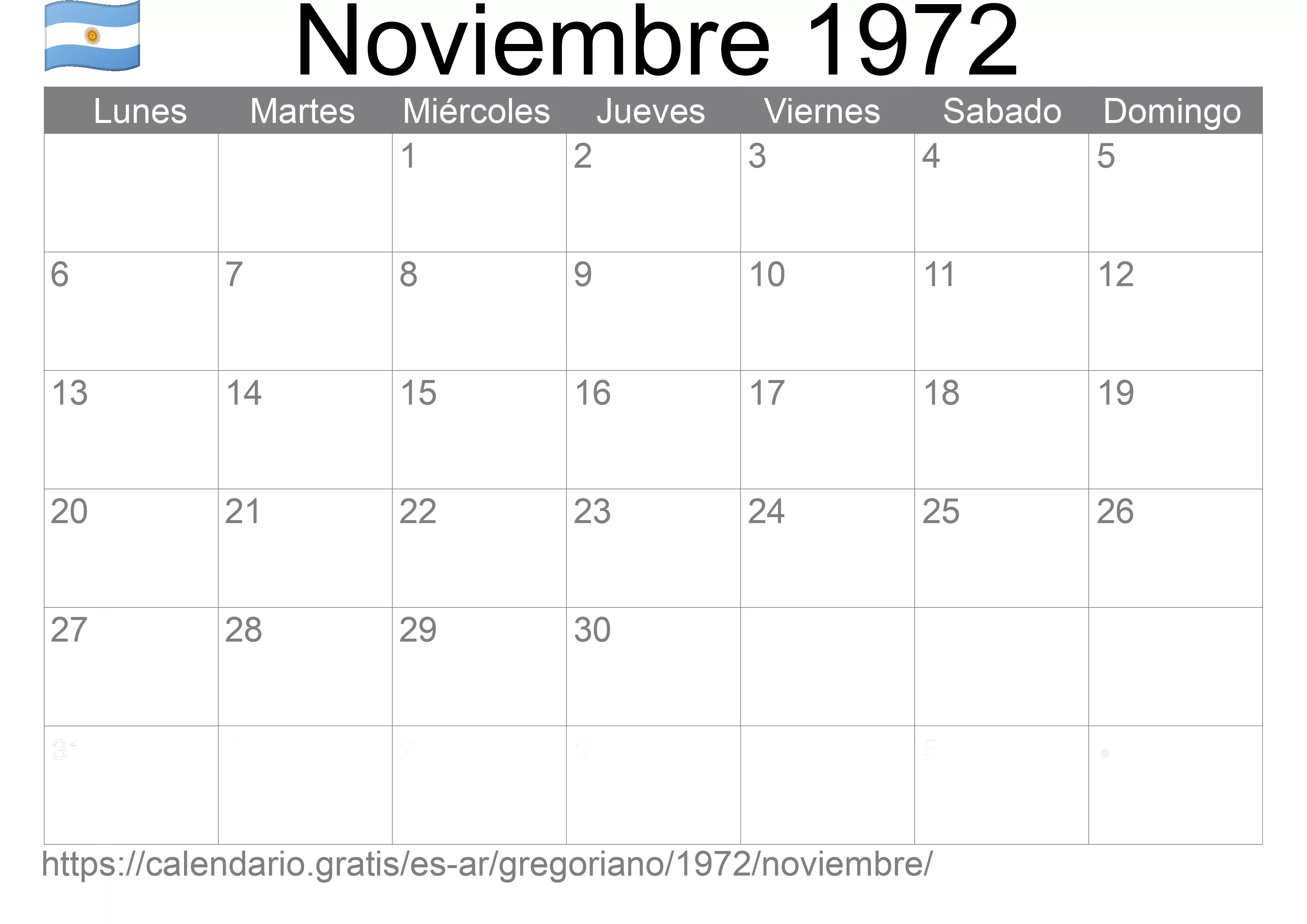 Calendario Noviembre 1972 para imprimir (Argentina)