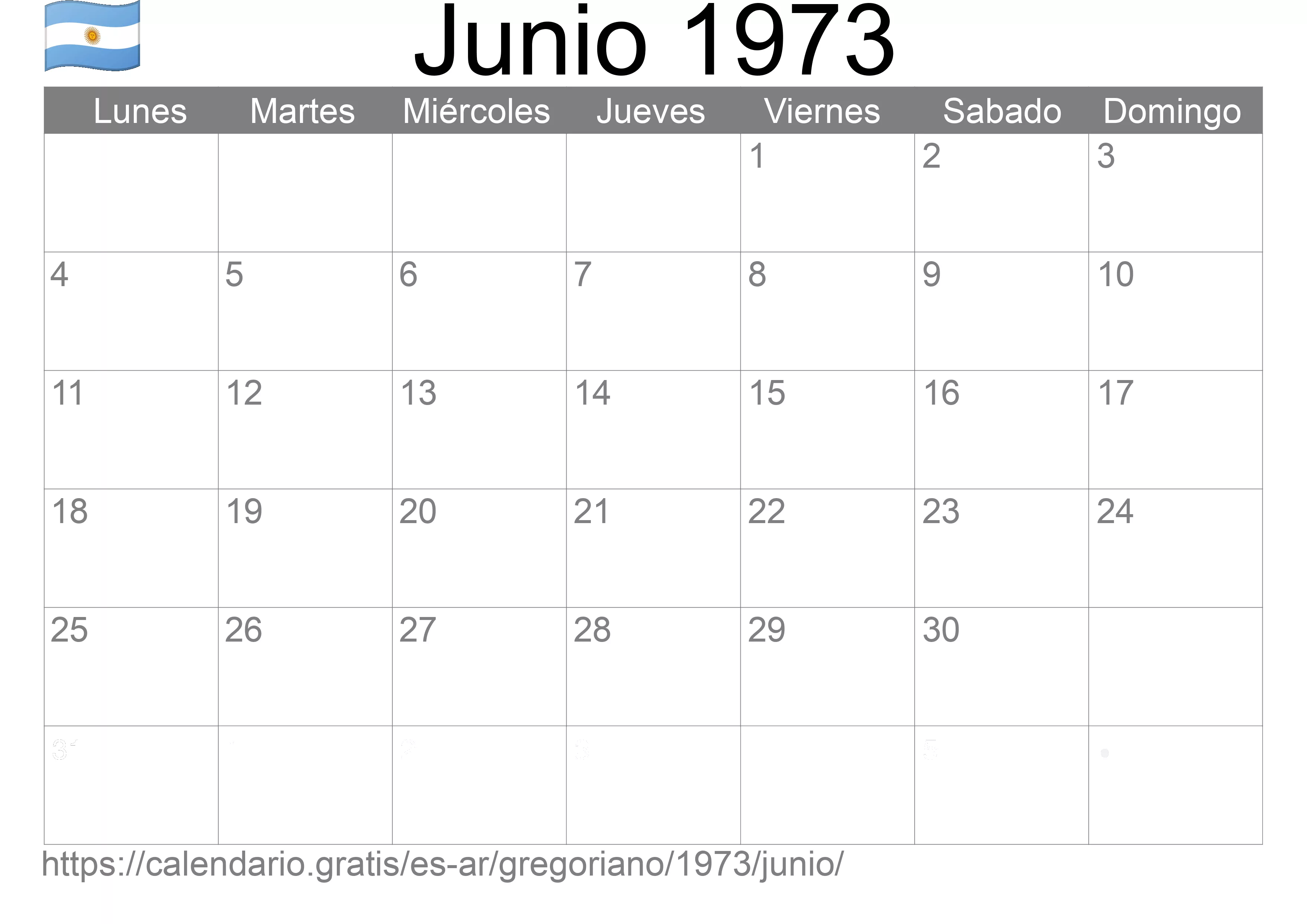 Calendario Junio 1973 para imprimir (Argentina)