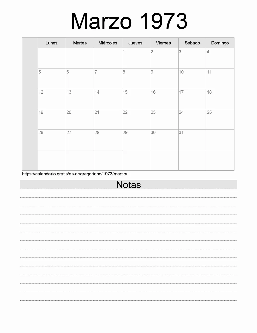 Calendario Marzo 1973 para imprimir con notas. (Argentina)