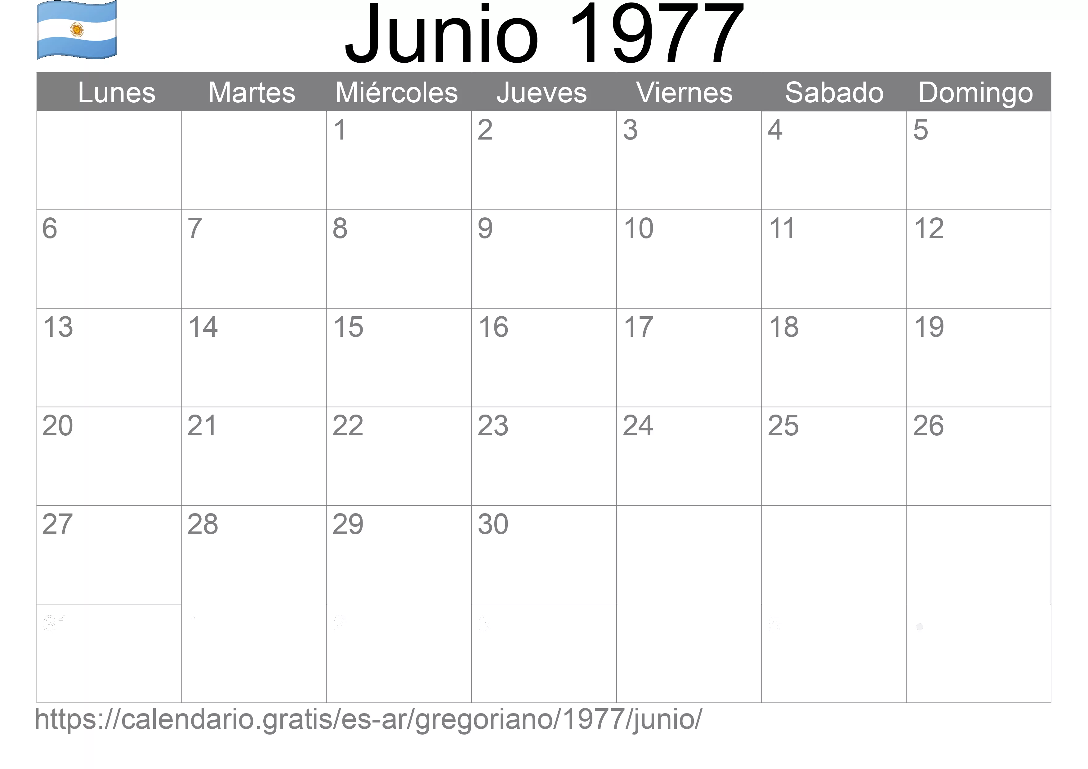 Calendario Junio 1977 para imprimir (Argentina)