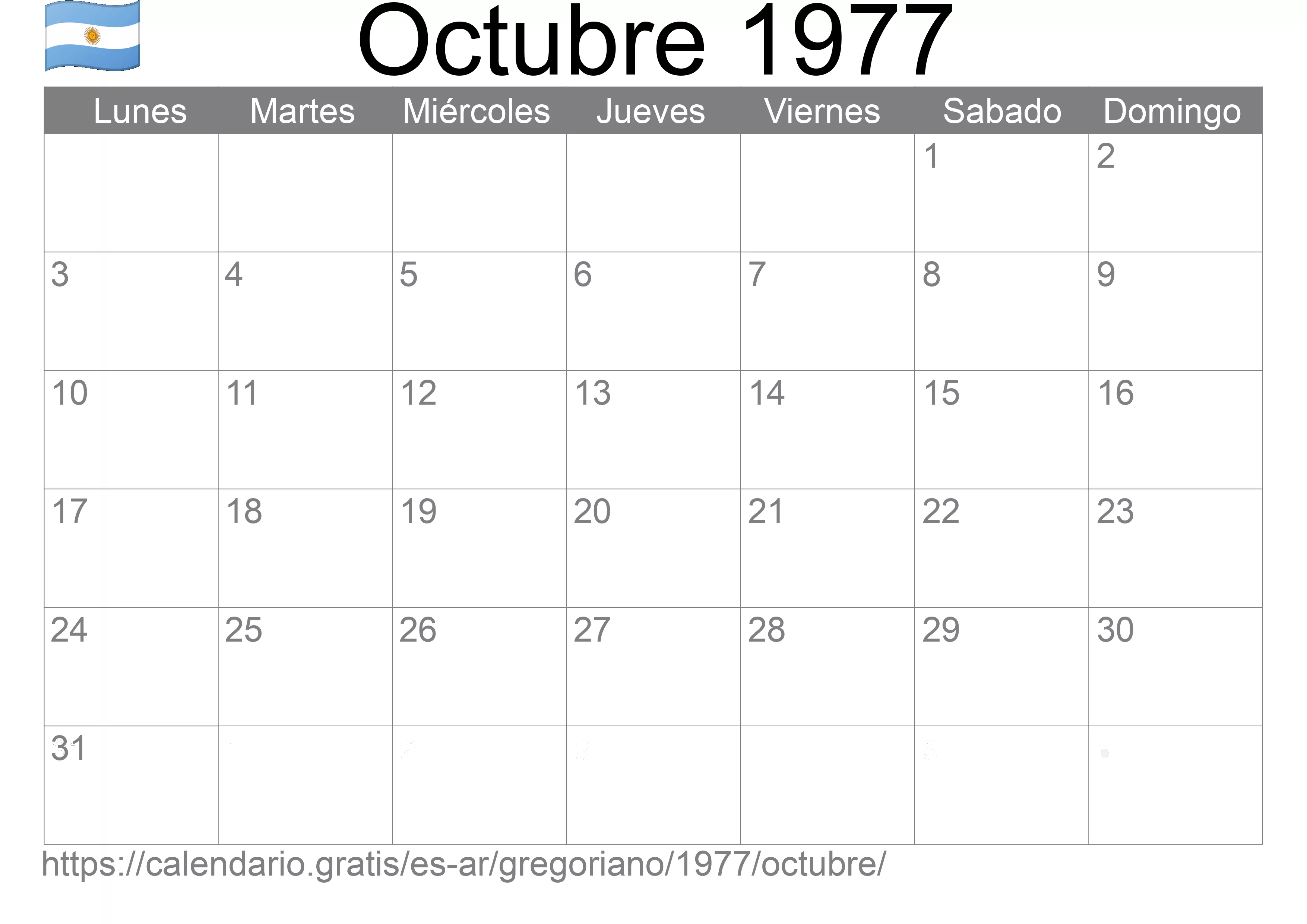Calendario Octubre 1977 para imprimir (Argentina)