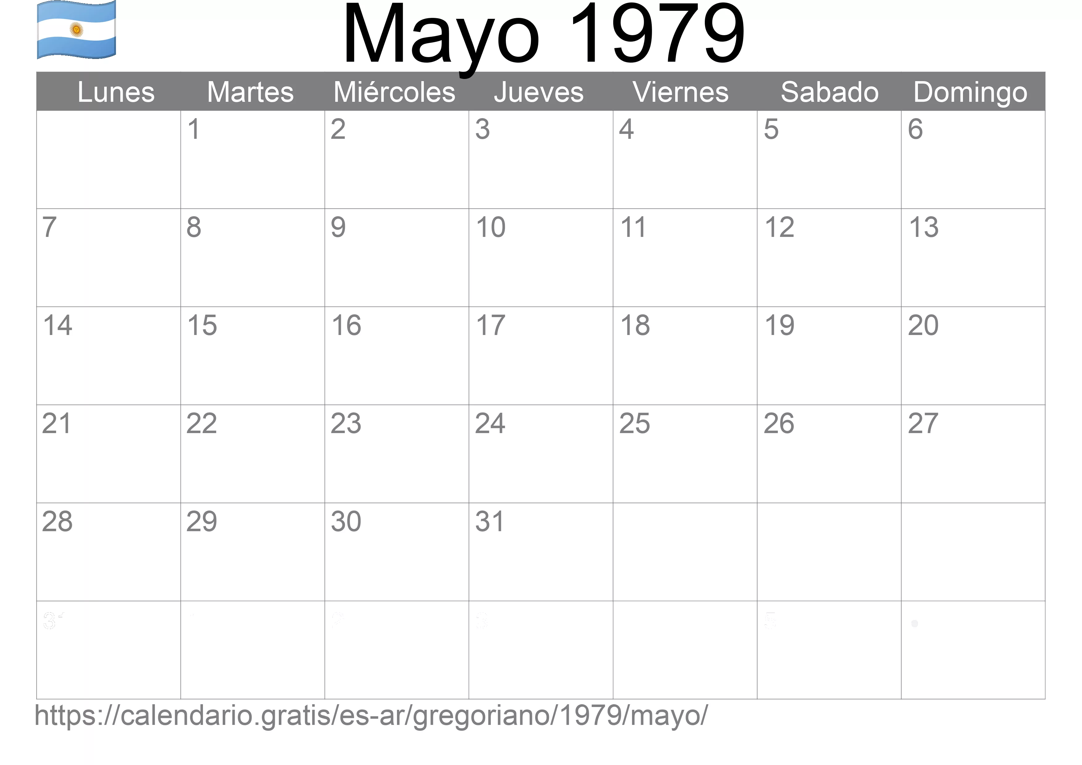 Calendario Mayo 1979 para imprimir (Argentina)