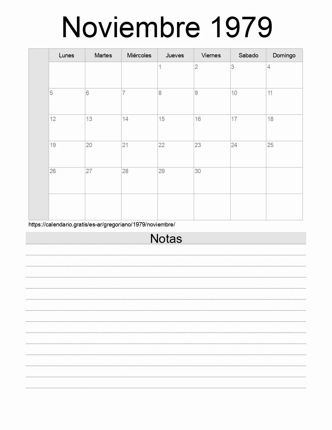 Calendario Noviembre 1979 para imprimir con notas. (Argentina)
