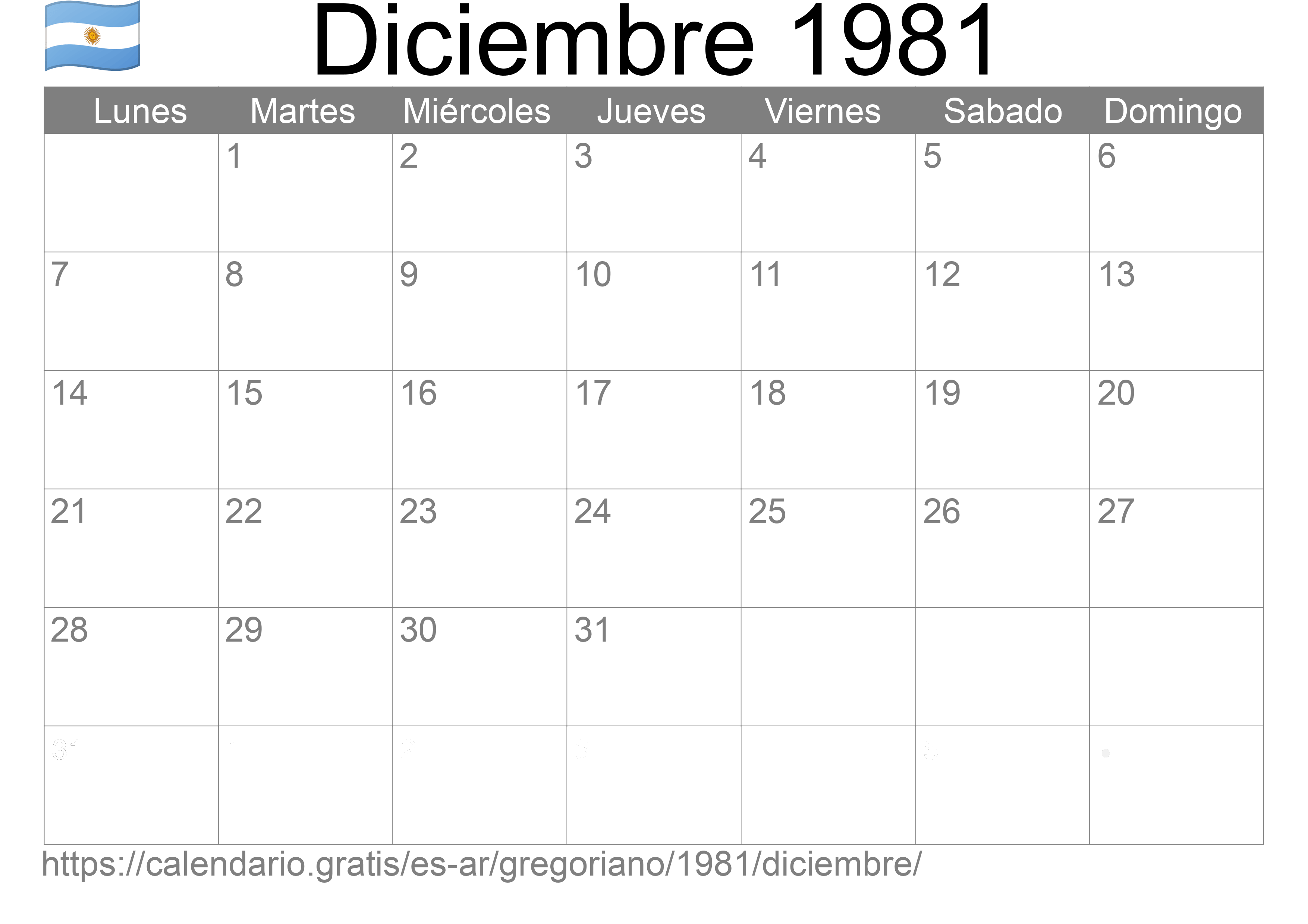 Calendario Diciembre 1981 para imprimir