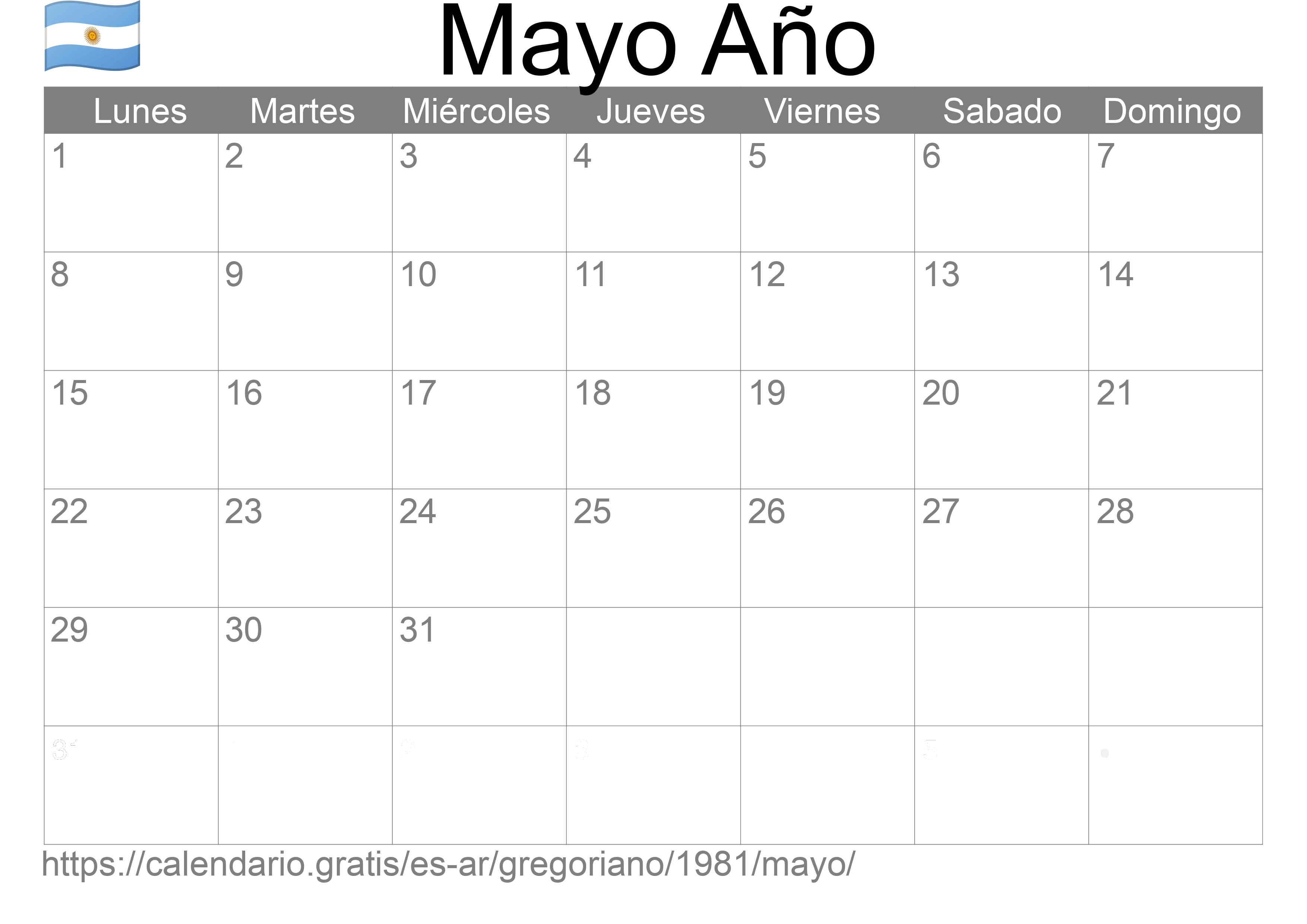 Calendario Mayo 1981 para imprimir