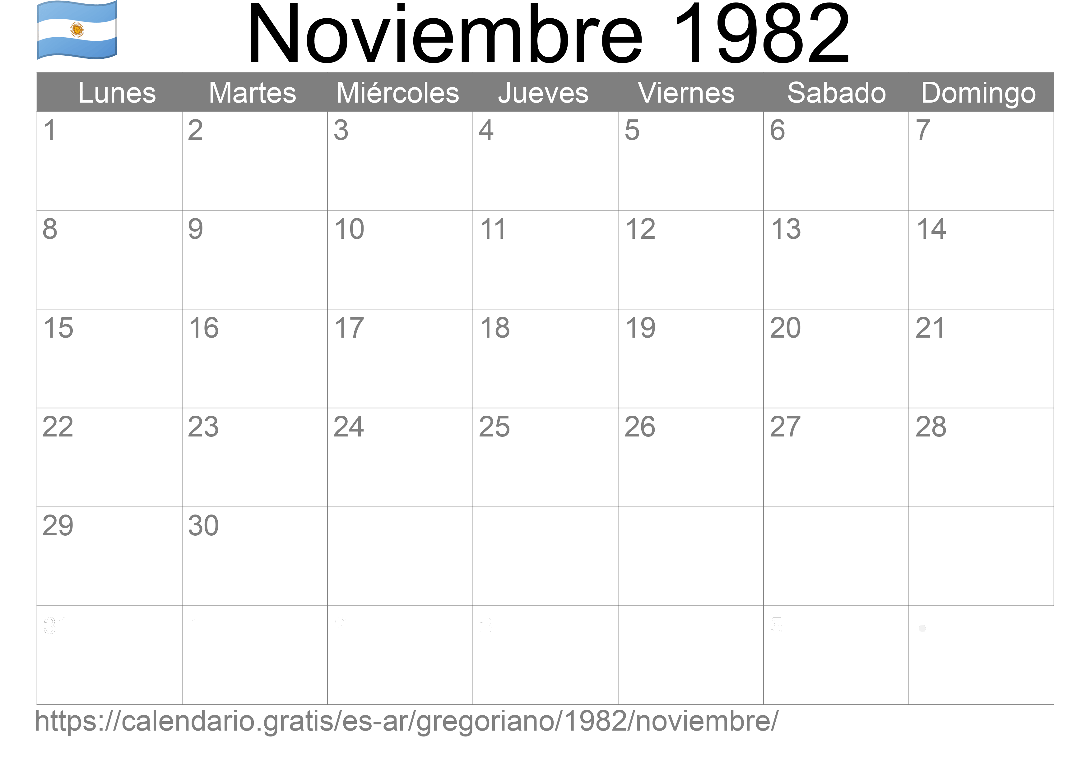 Calendario Noviembre 1982 para imprimir