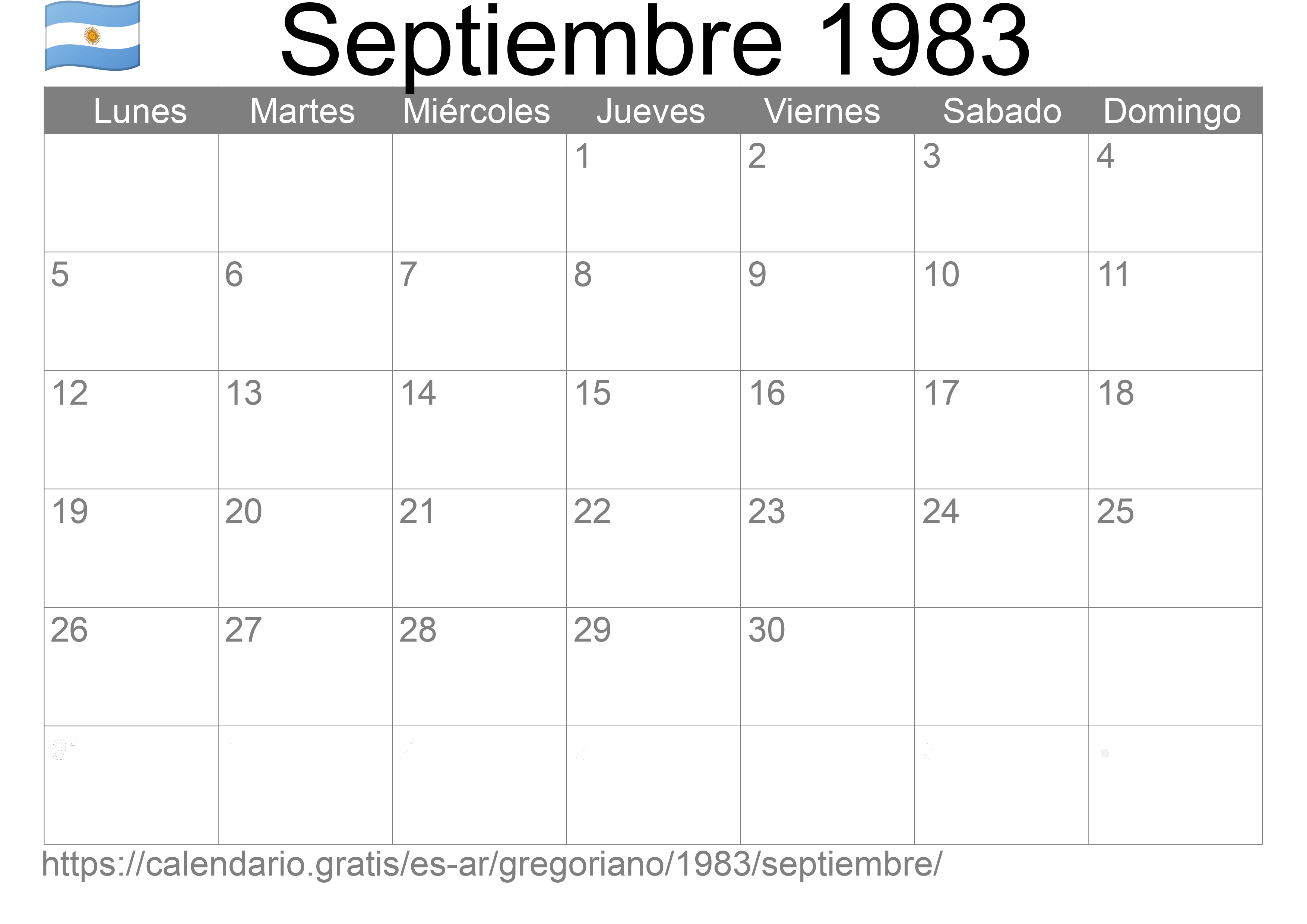 Calendario Septiembre 1983 para imprimir