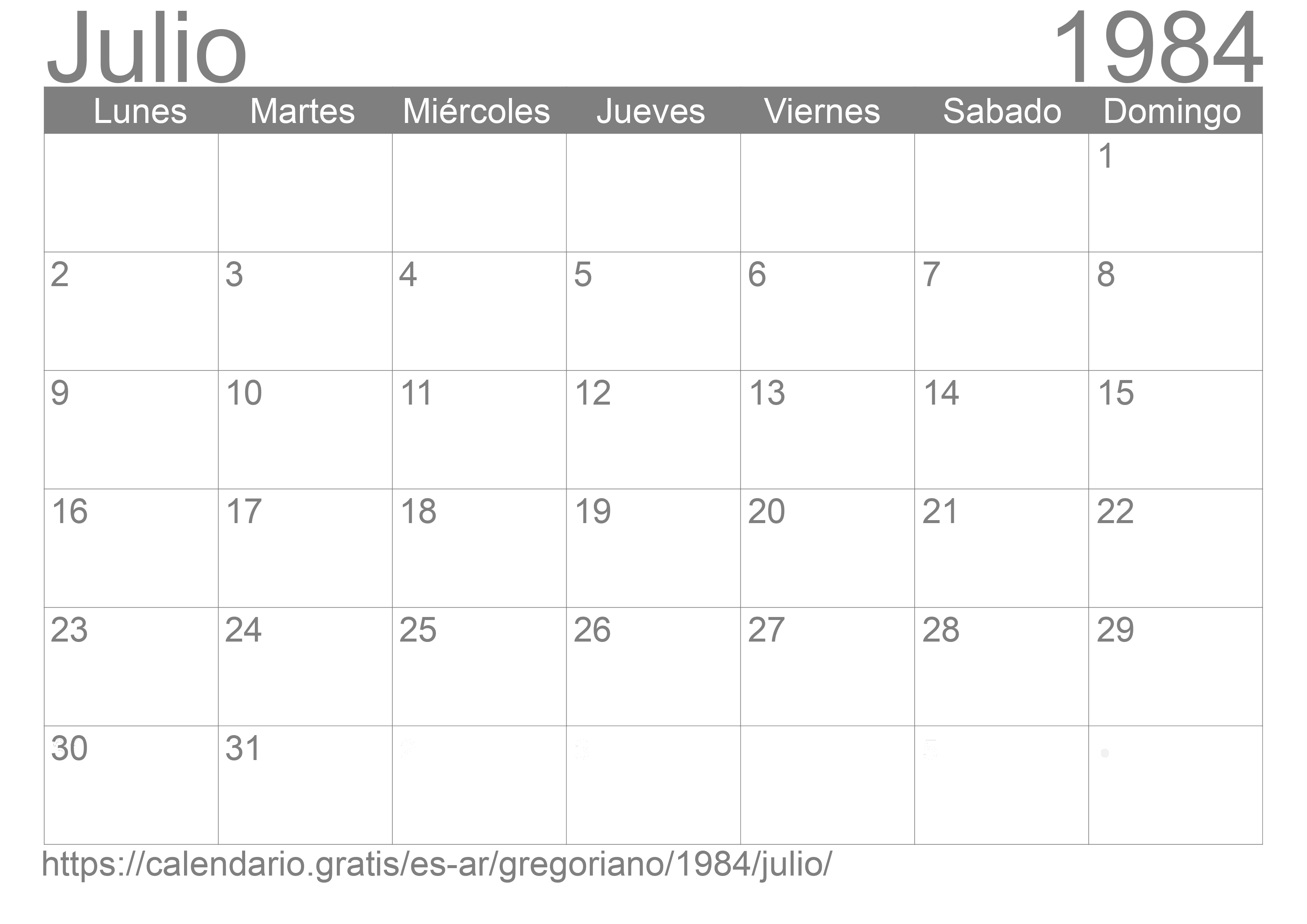 Calendario Julio 1984 para imprimir