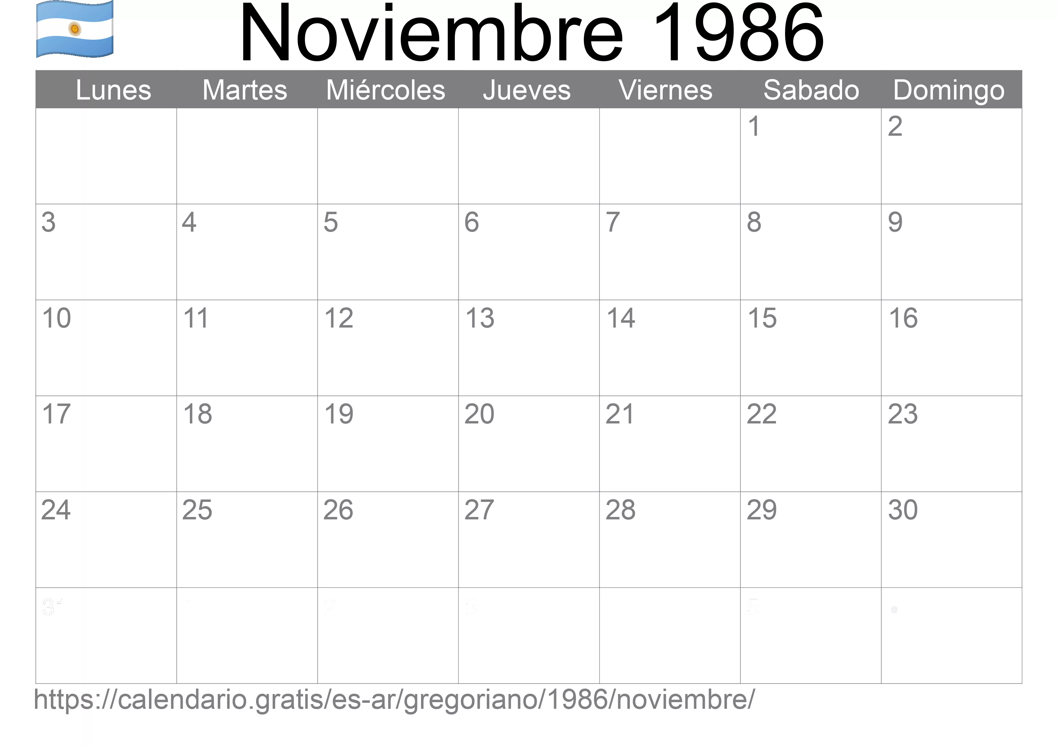 Calendario Noviembre 1986 para imprimir (Argentina)