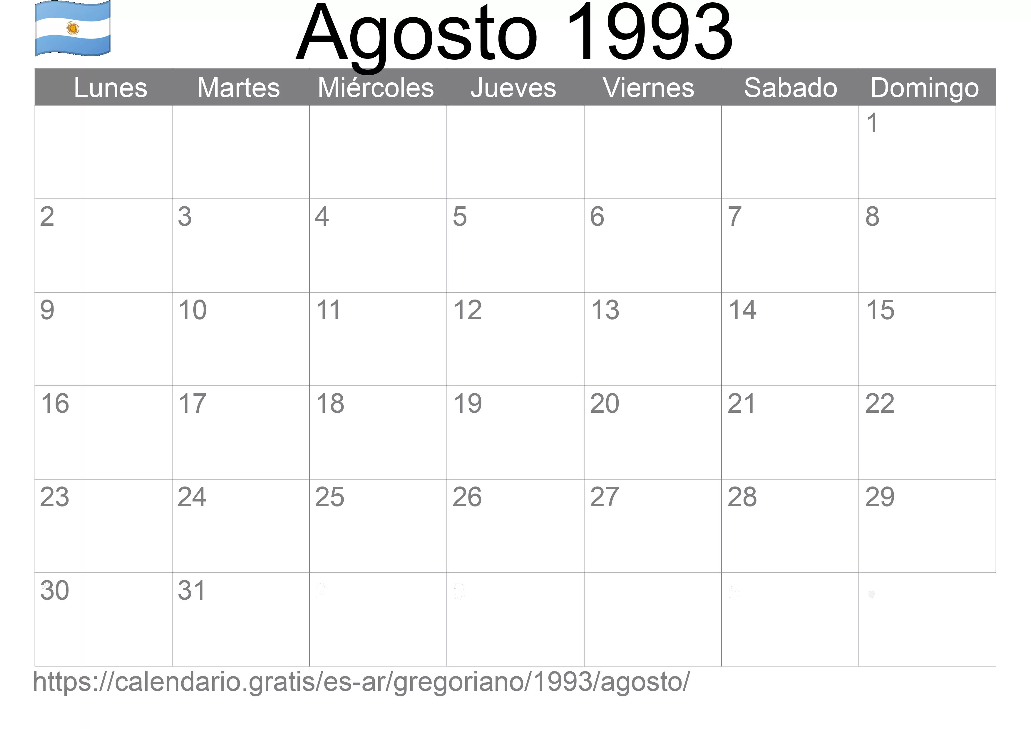 Calendario Agosto 1993 para imprimir (Argentina)