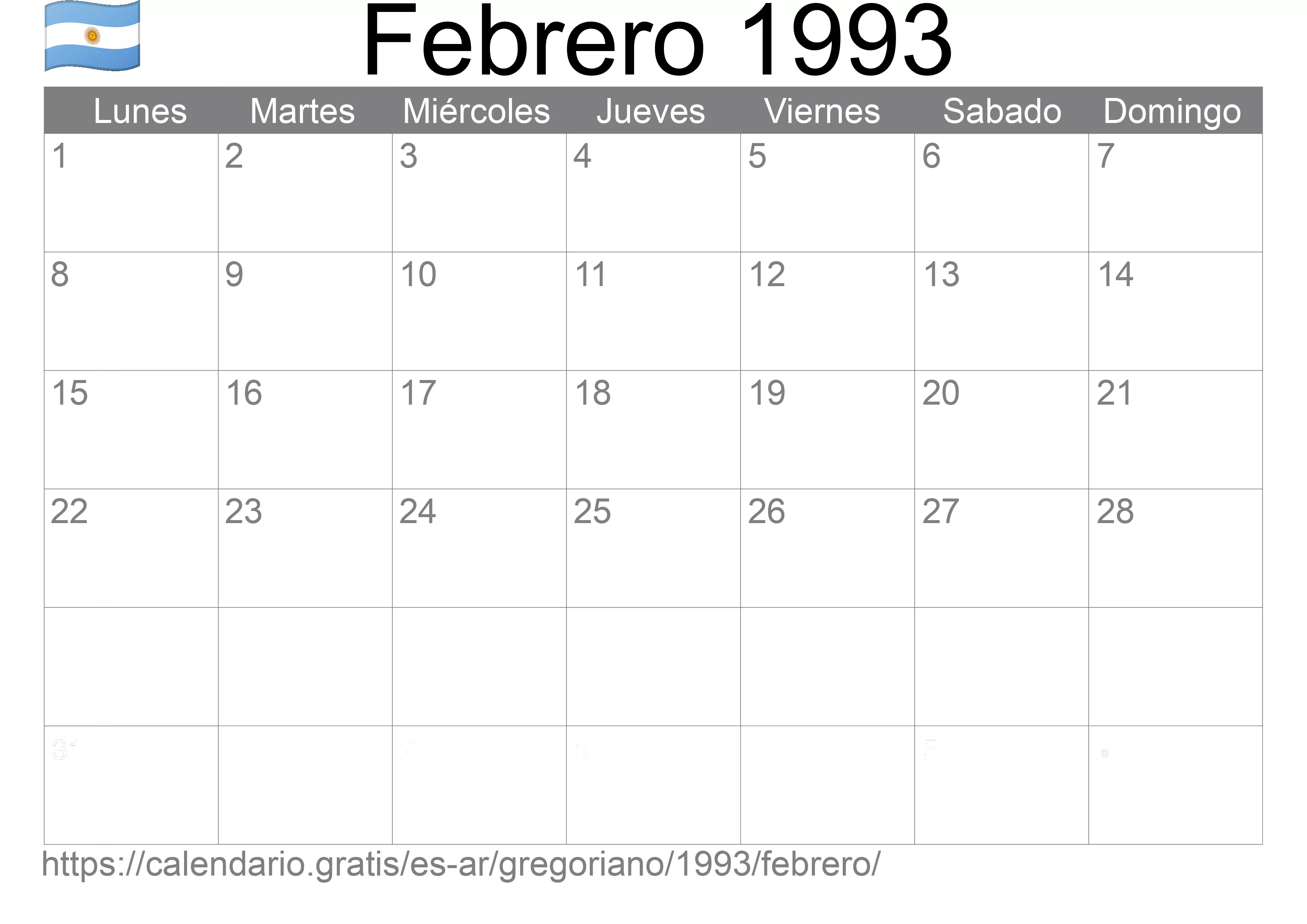 Calendario Febrero 1993 para imprimir (Argentina) Calendario Febrero 1993 para imprimir (Argentina)