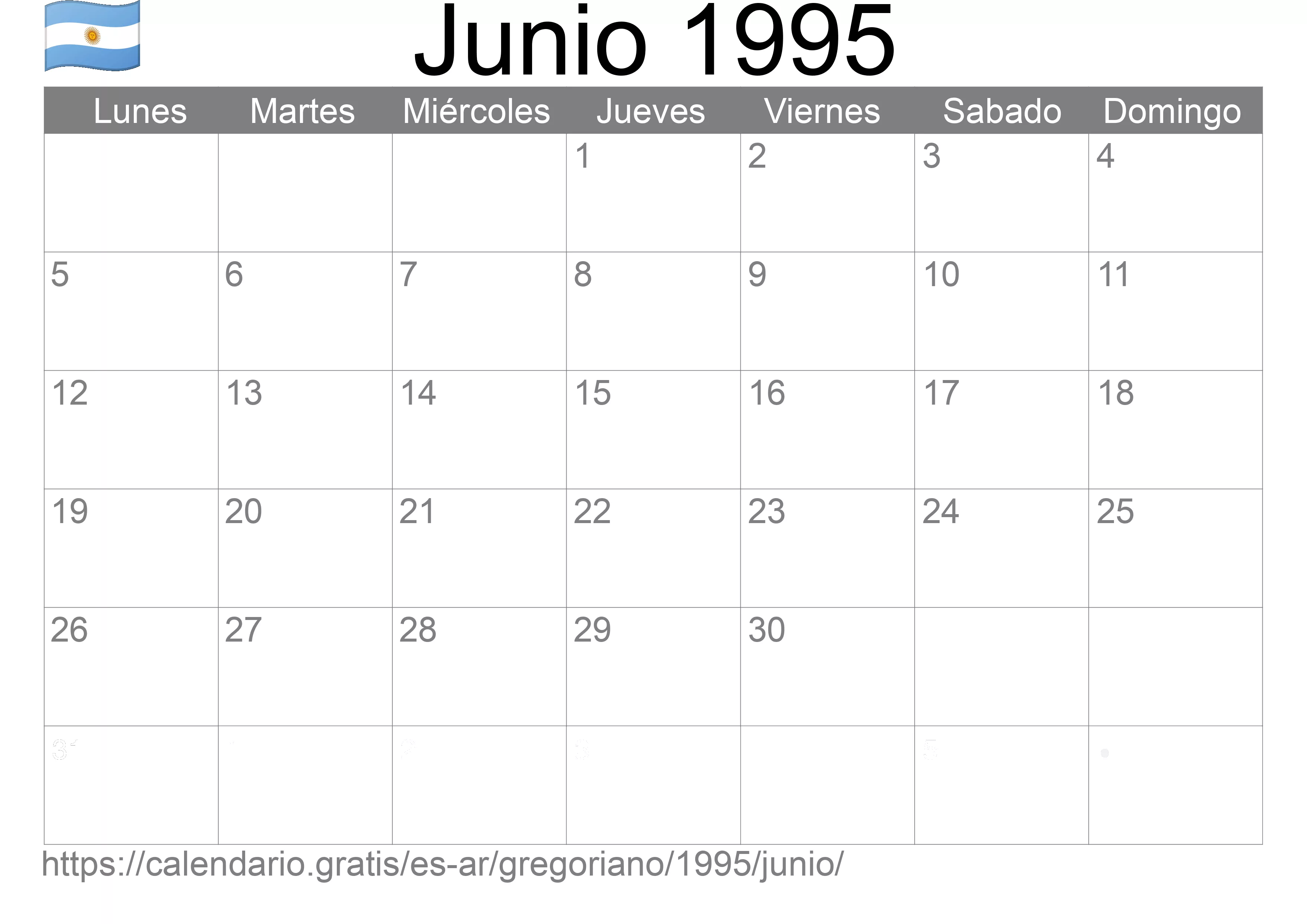 Calendario Junio 1995 para imprimir (Argentina)
