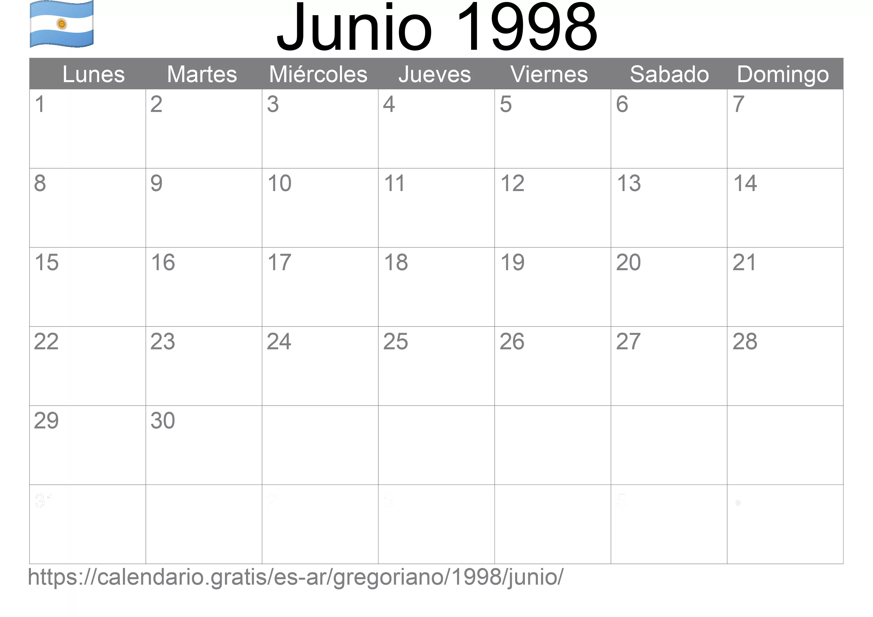Calendario Junio 1998 para imprimir (Argentina)