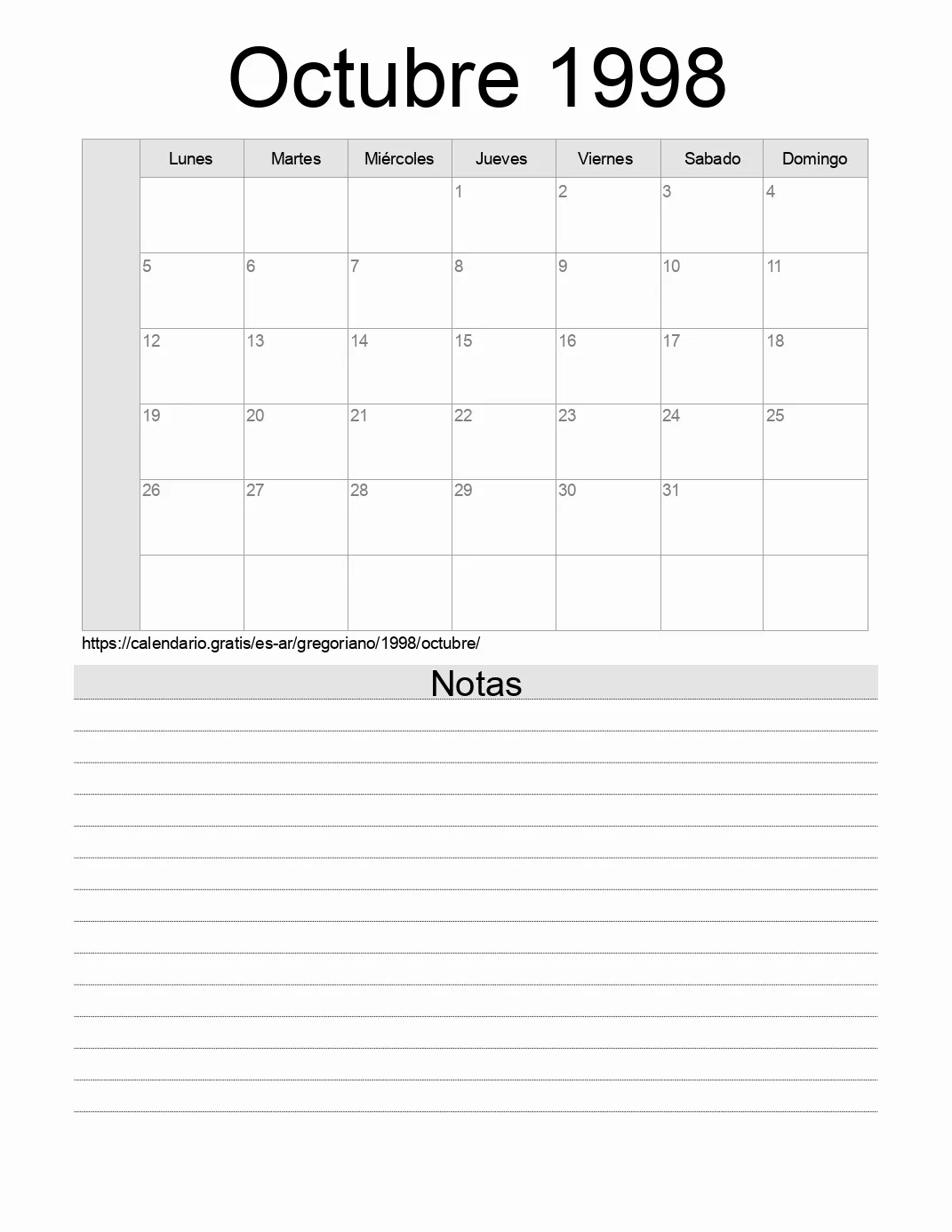 Calendario Octubre 1998 para imprimir con notas. (Argentina) Calendario Octubre 1998 para imprimir con notas. (Argentina)