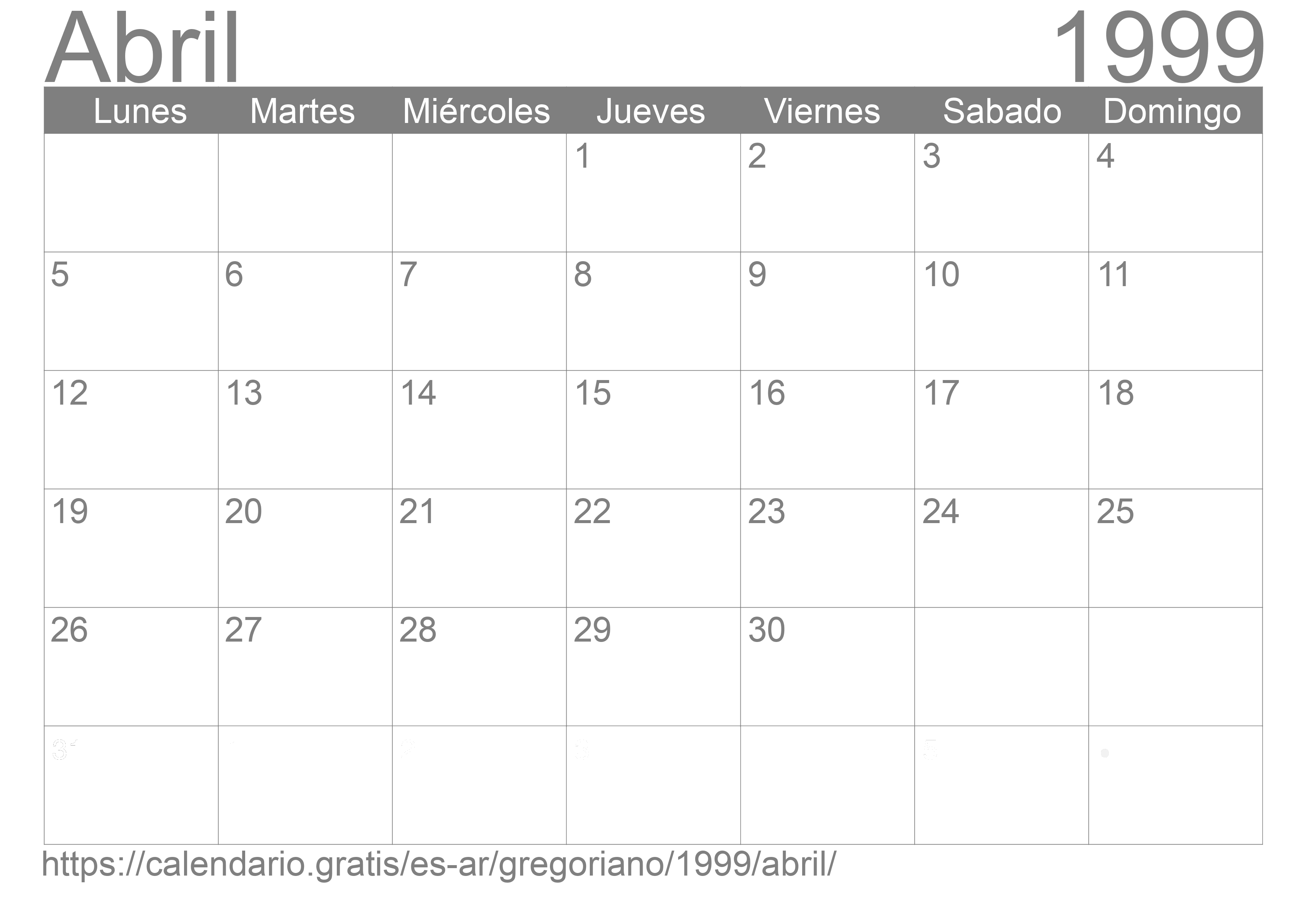 Calendario Abril 1999 para imprimir