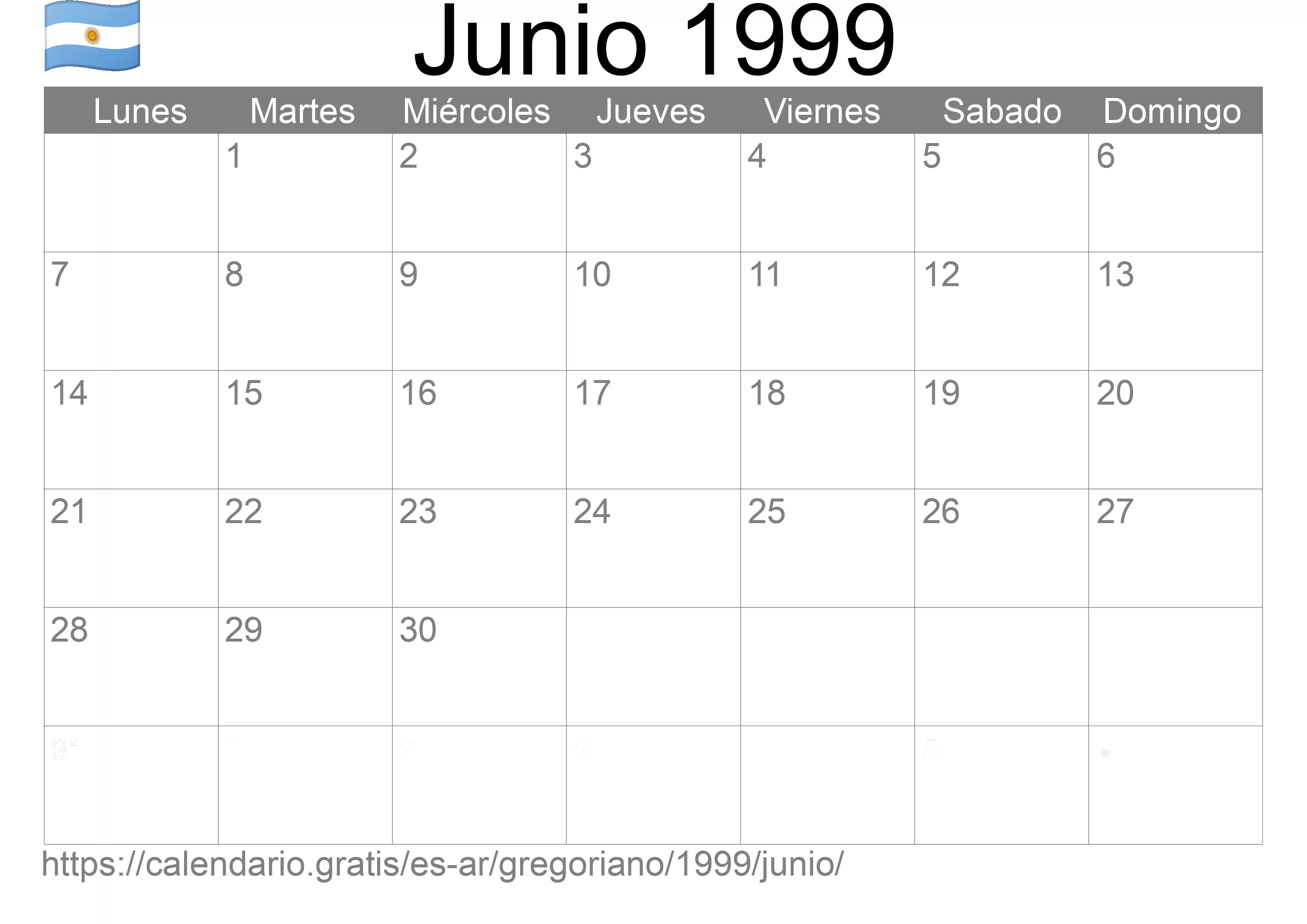 Calendario Junio 1999 para imprimir (Argentina)