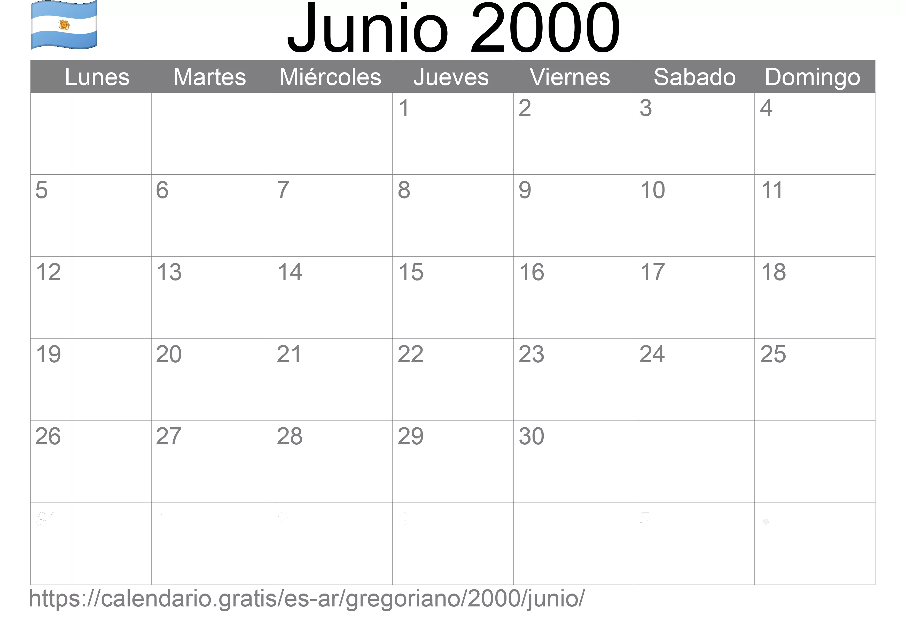 Calendario Junio 2000 para imprimir (Argentina)