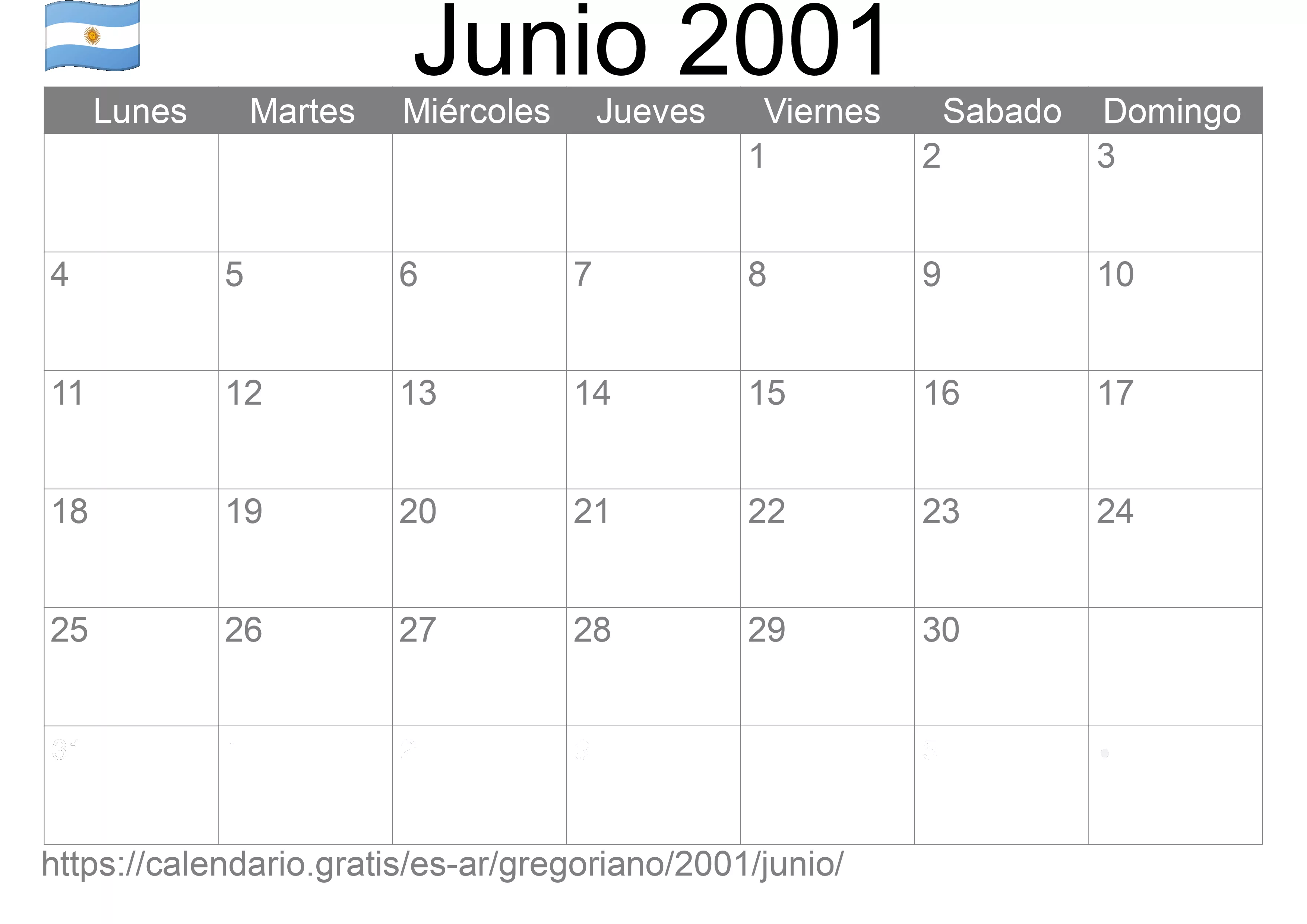 Calendario Junio 2001 para imprimir (Argentina)