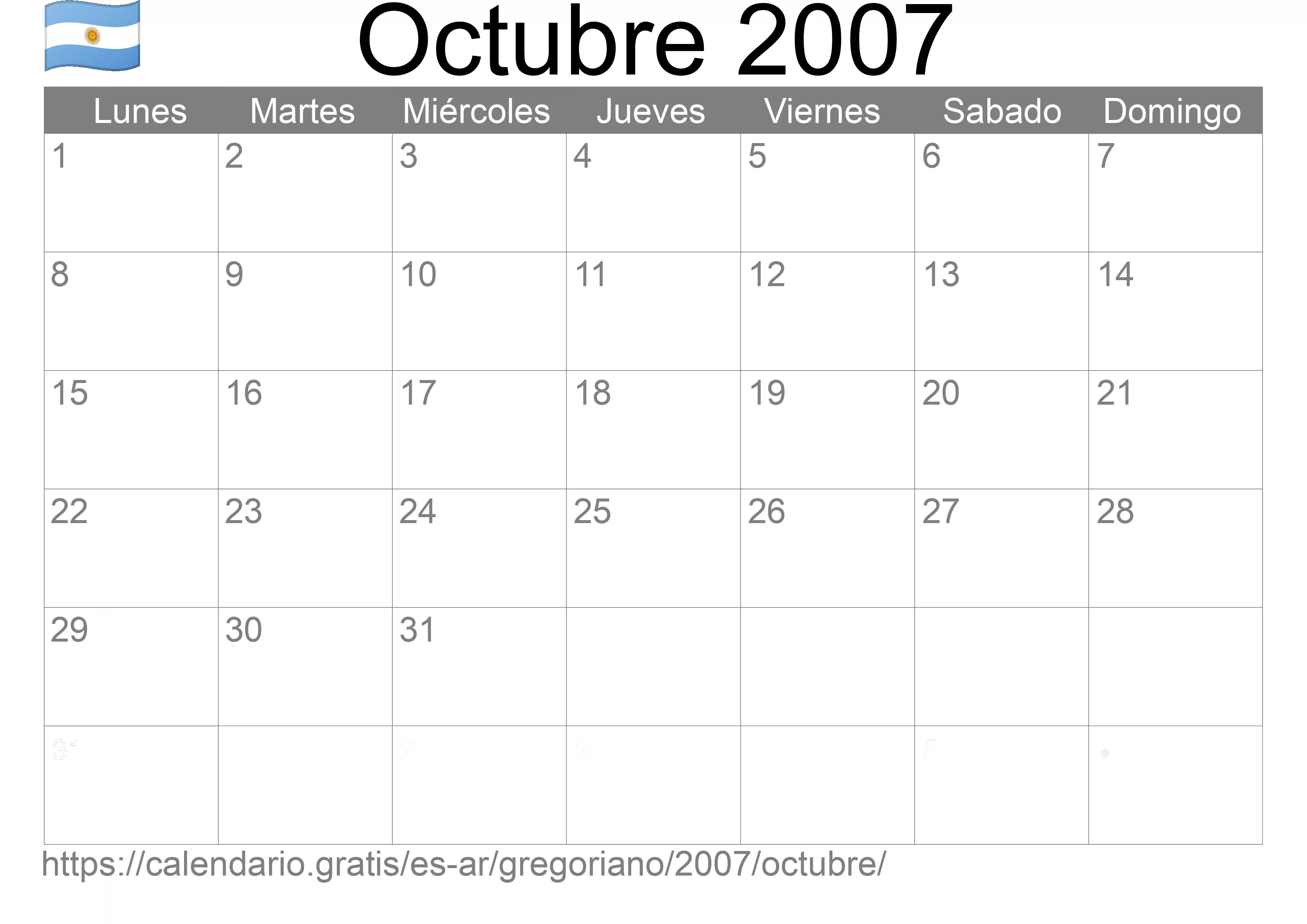 Calendario Octubre 2007 para imprimir (Argentina) Calendario Octubre 2007 para imprimir (Argentina)