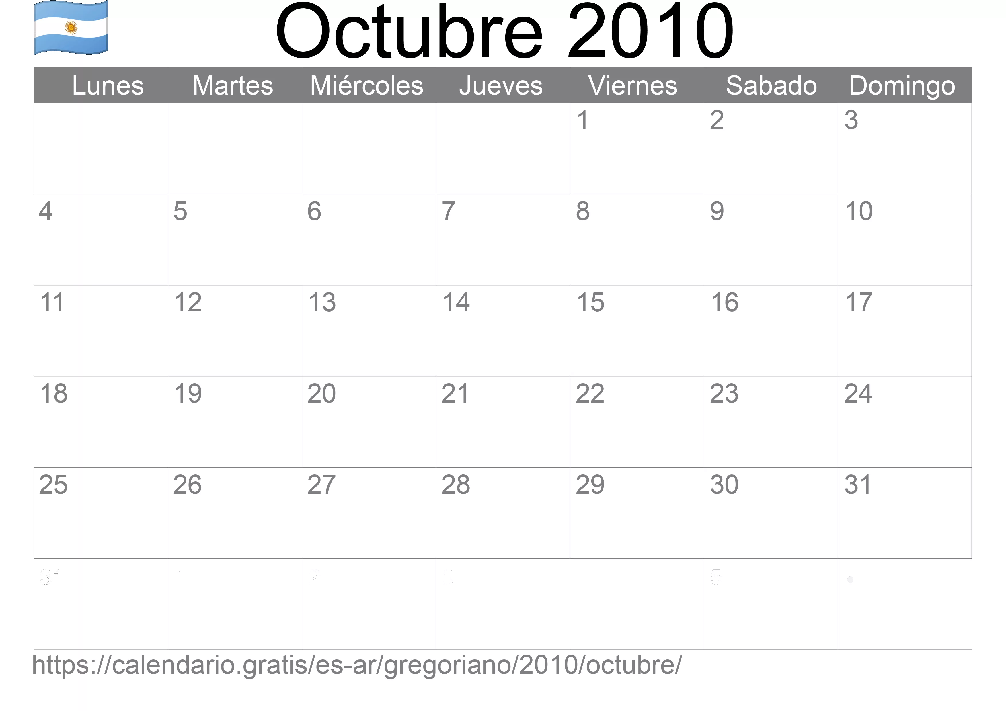 Calendario Octubre 2010 para imprimir (Argentina)