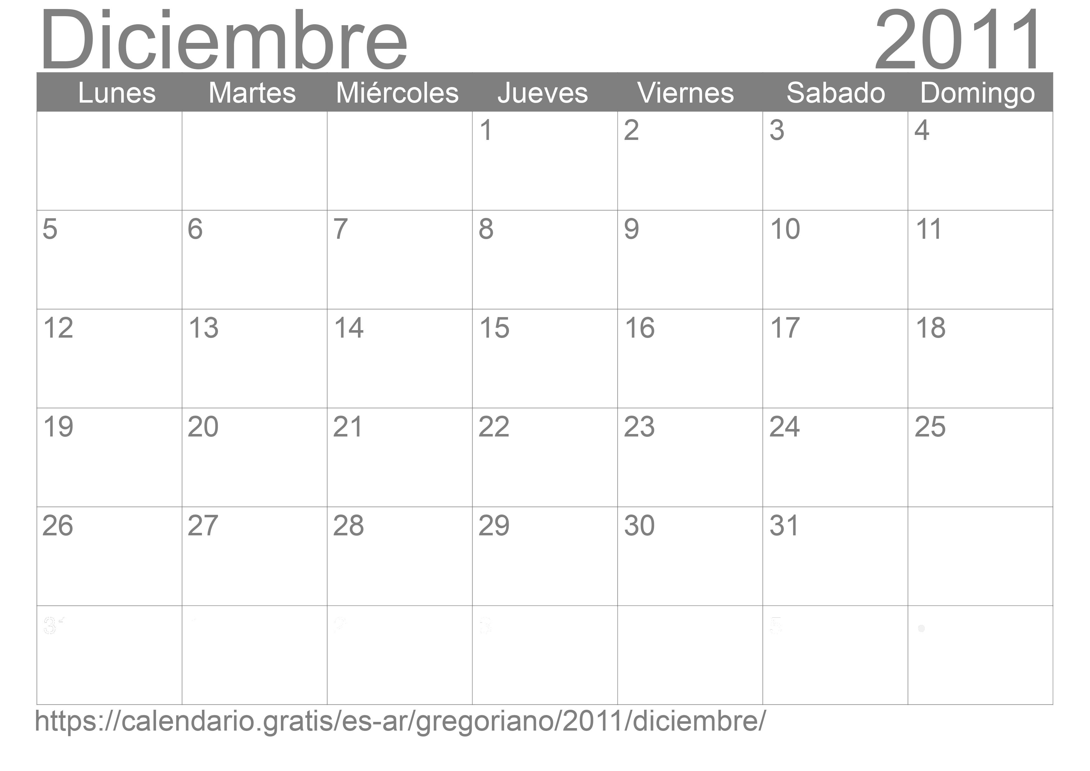 Calendario Diciembre 2011 para imprimir