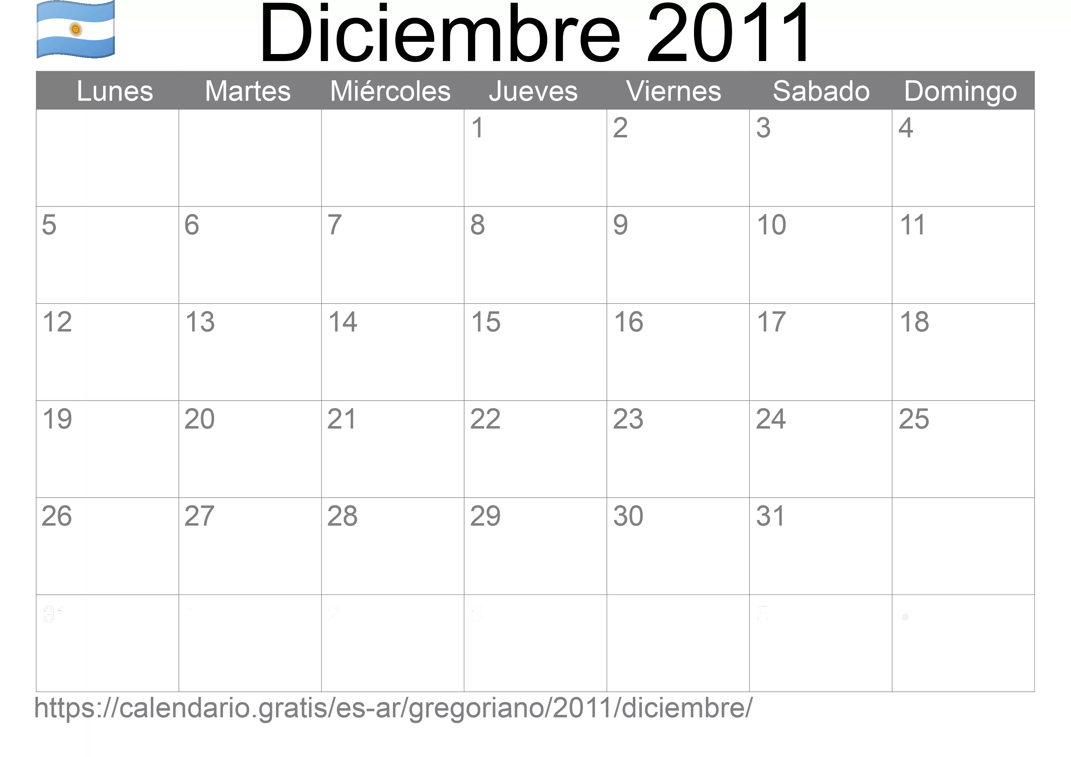 Calendario Diciembre 2011 para imprimir (Argentina)