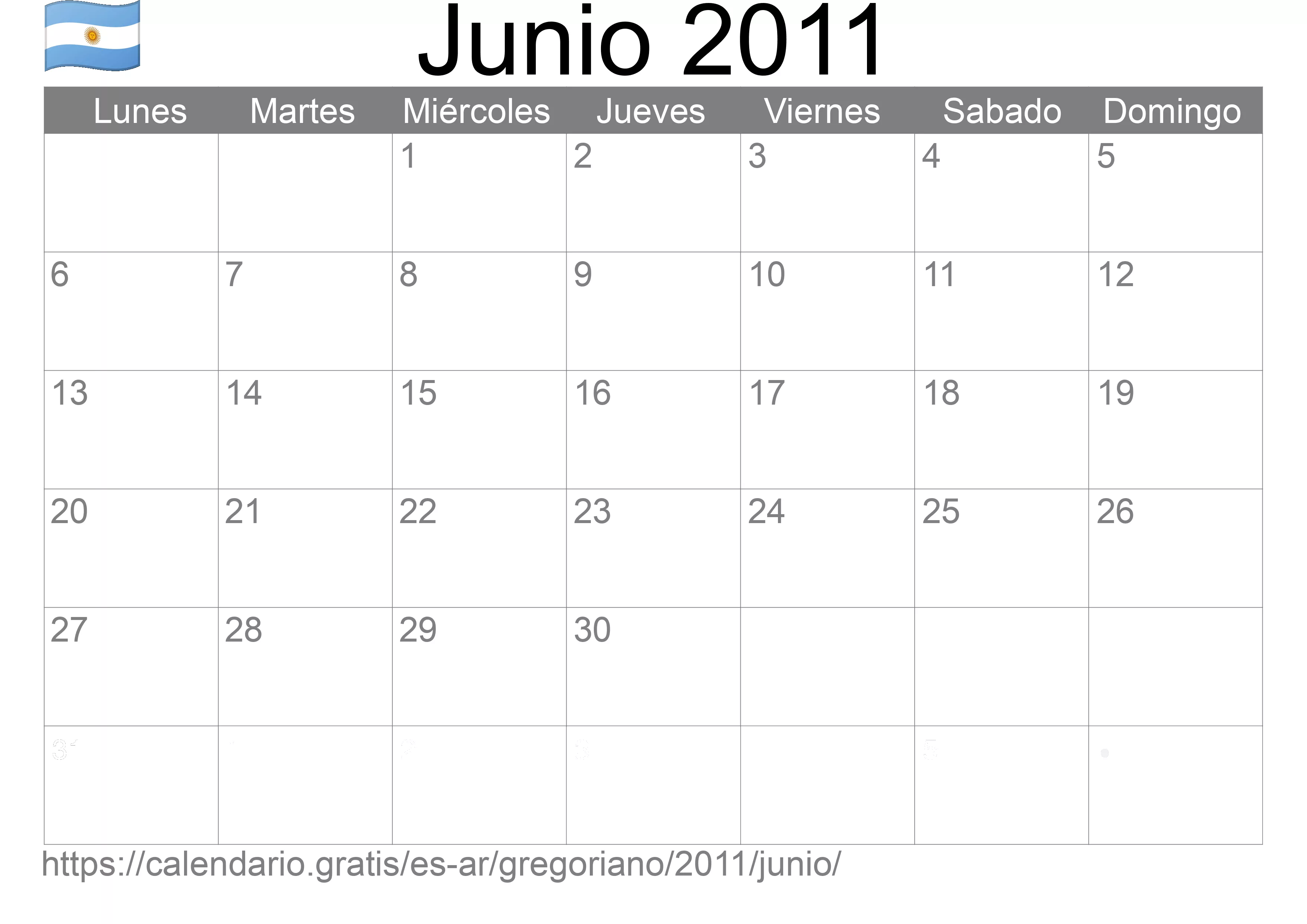 Calendario Junio 2011 para imprimir (Argentina)