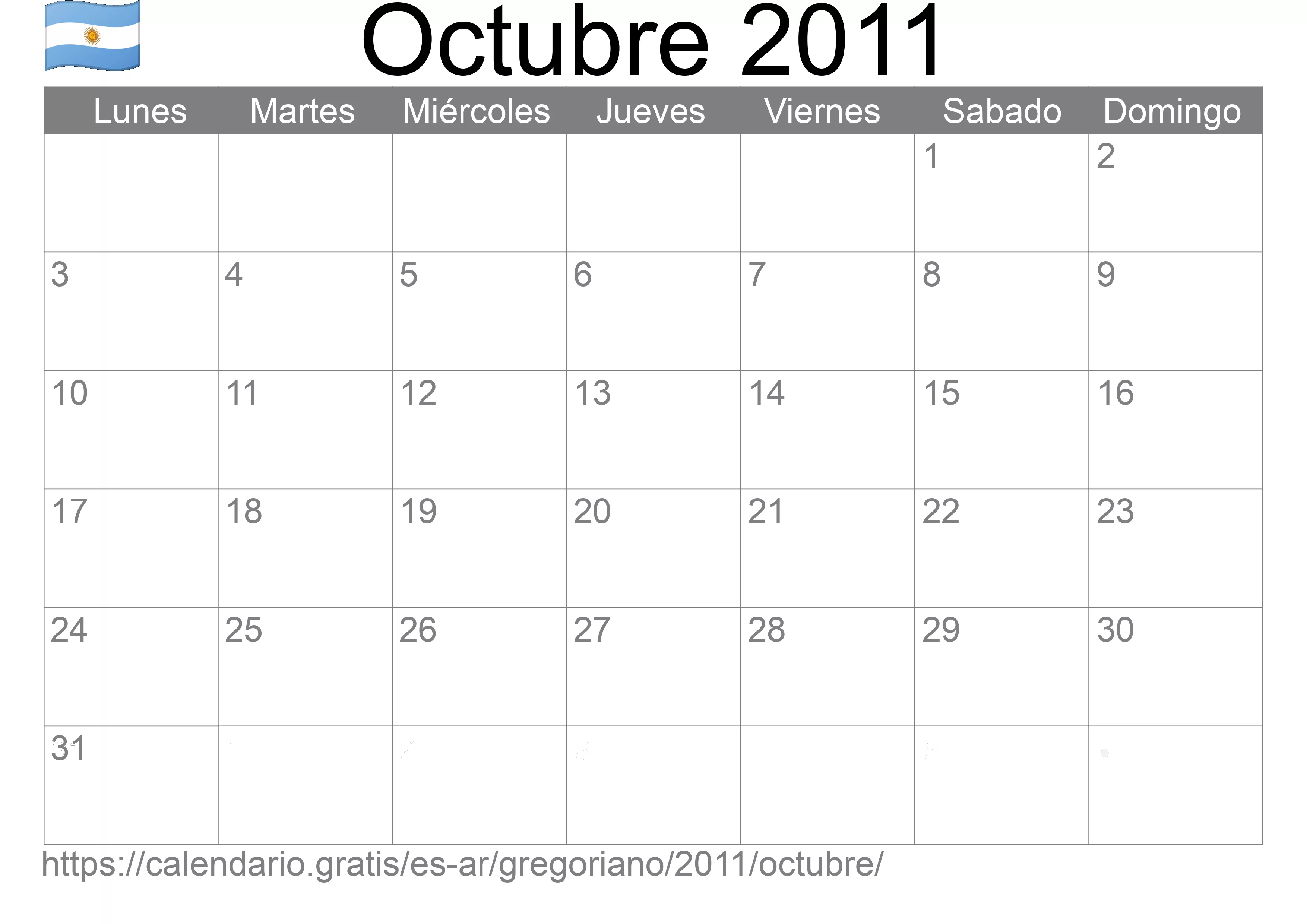 Calendario Octubre 2011 para imprimir (Argentina)