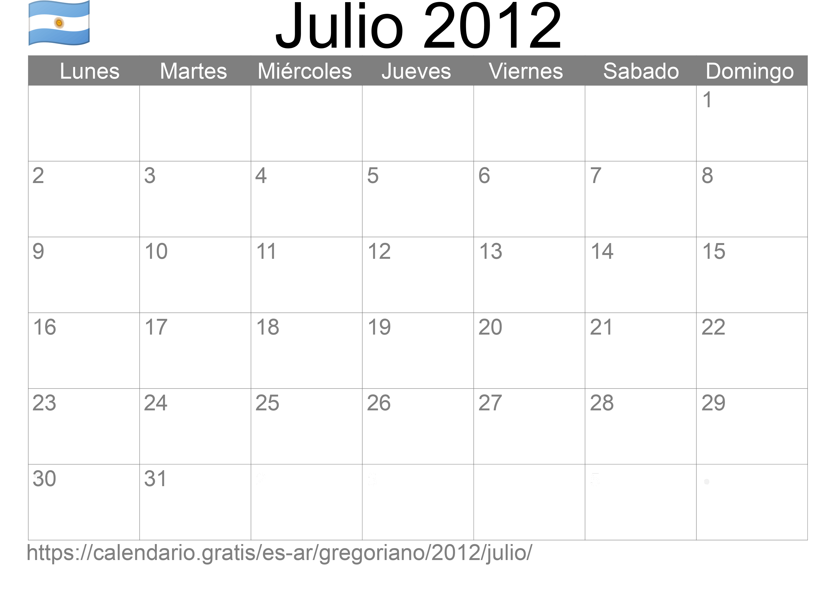 Calendario Julio 2012 para imprimir